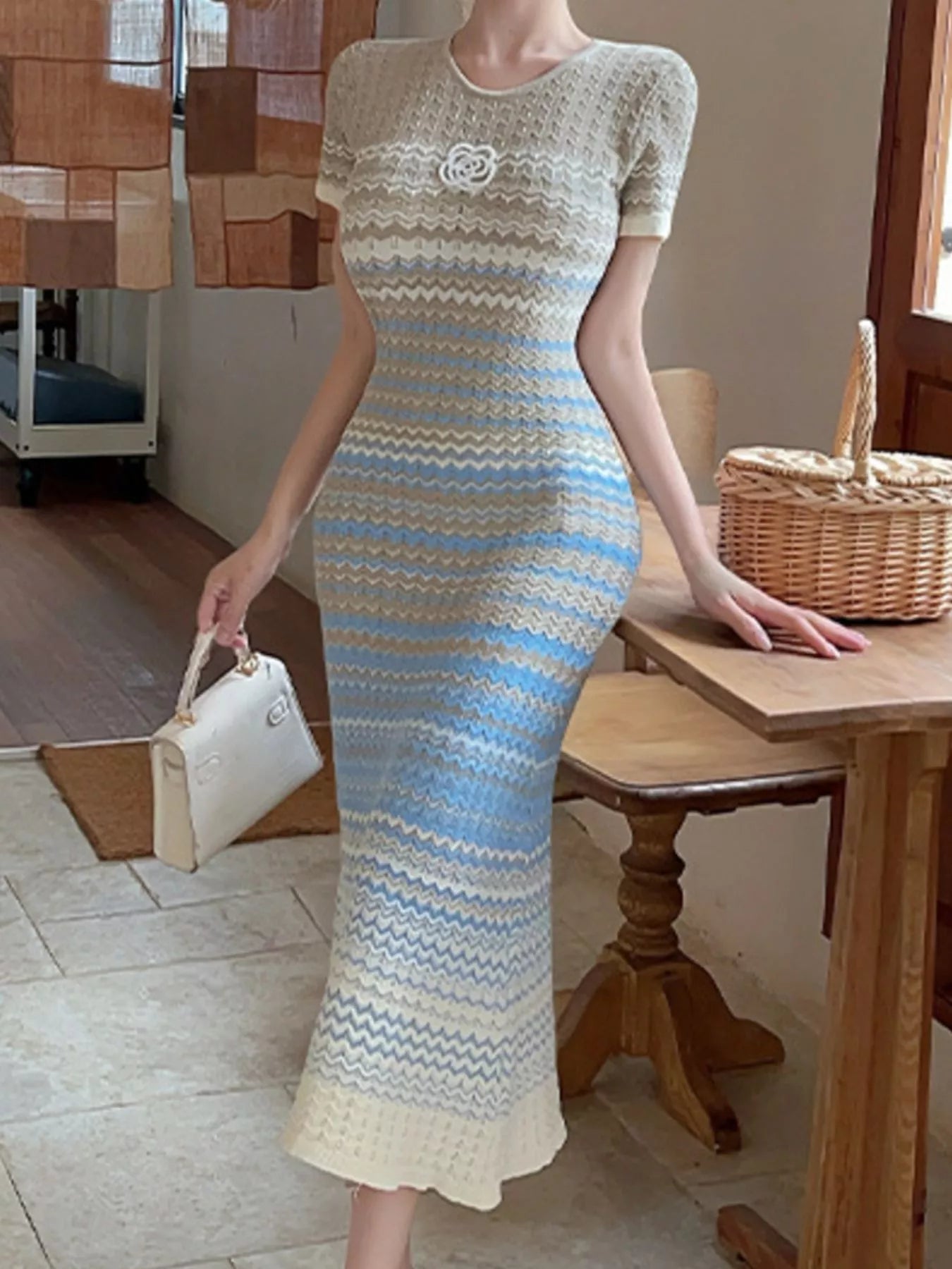 Gradient Knit Striped Short Sleeve Midi Dress Secondary image