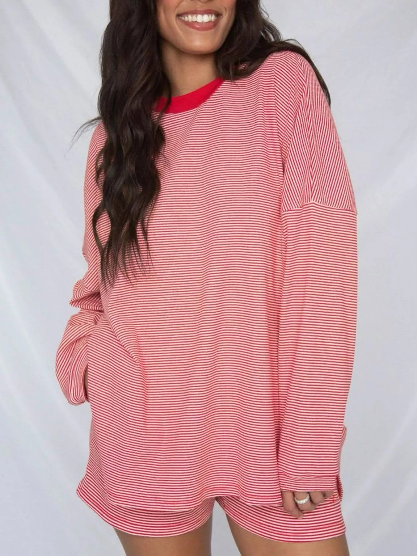 Striped Dropped Shoulder Top and Shorts Set Secondary image