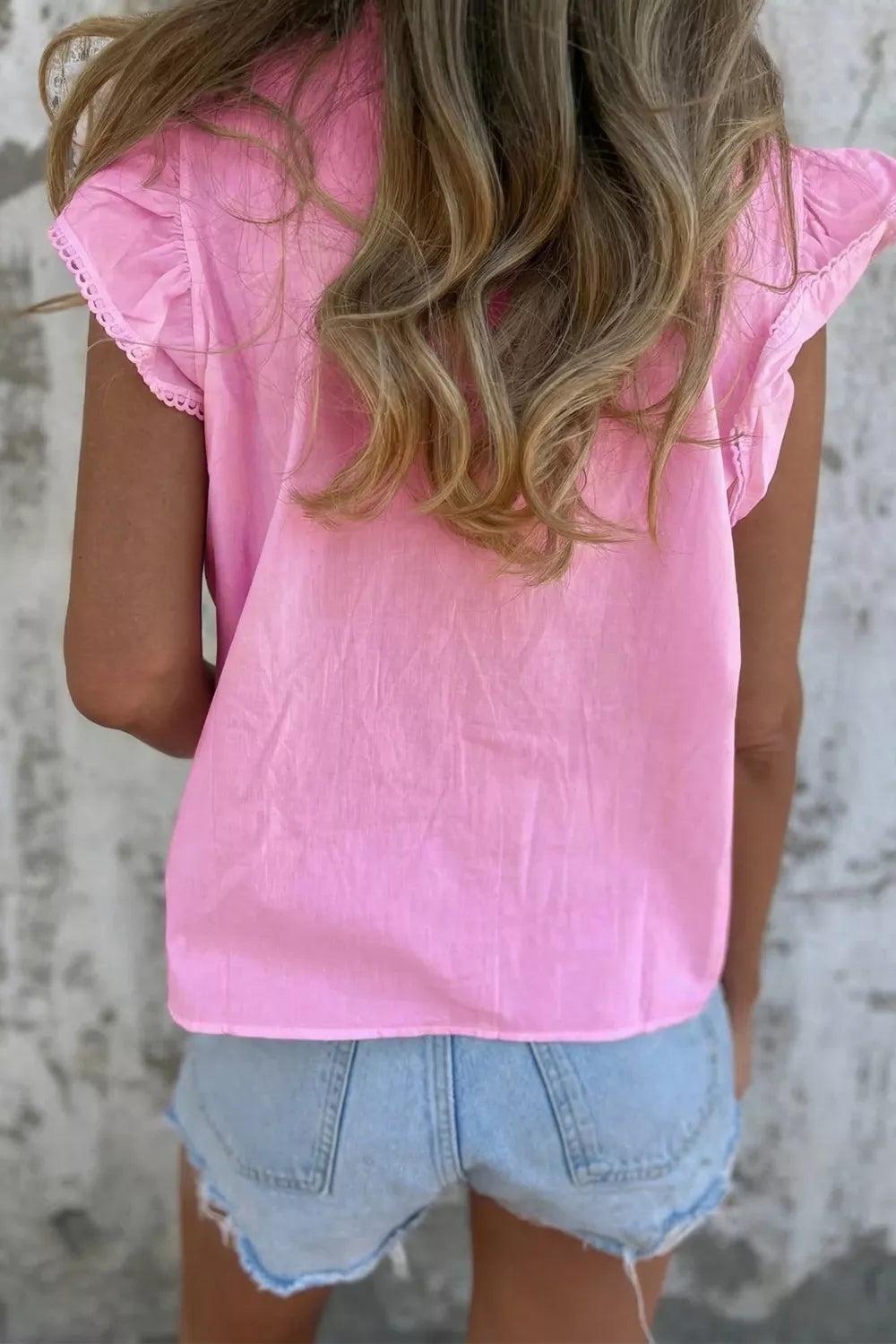 Lace Detail Flutter Sleeve Pleated Round Neck Blouse Secondary image
