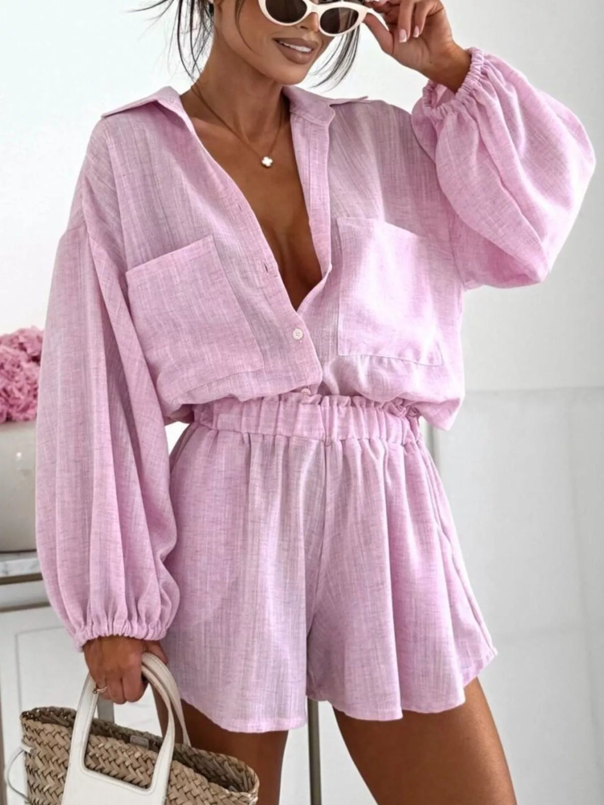 Long Sleeve Shirt and High-Waisted Shorts Set - photo 13