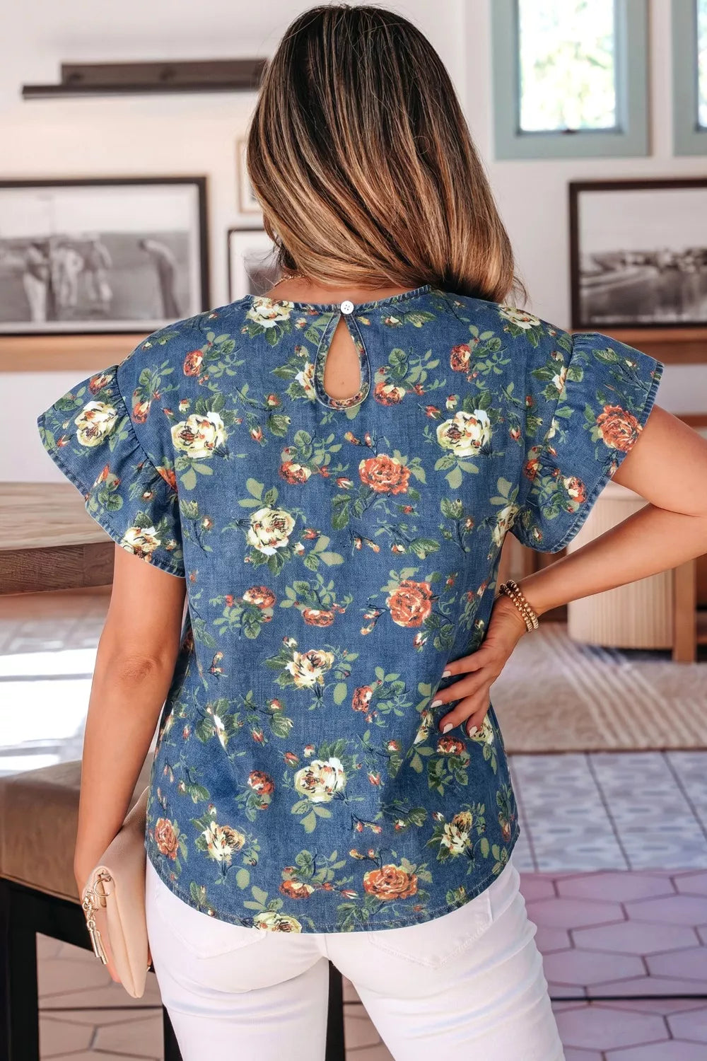 Ruffled Short Sleeve Floral Denim Top Secondary image
