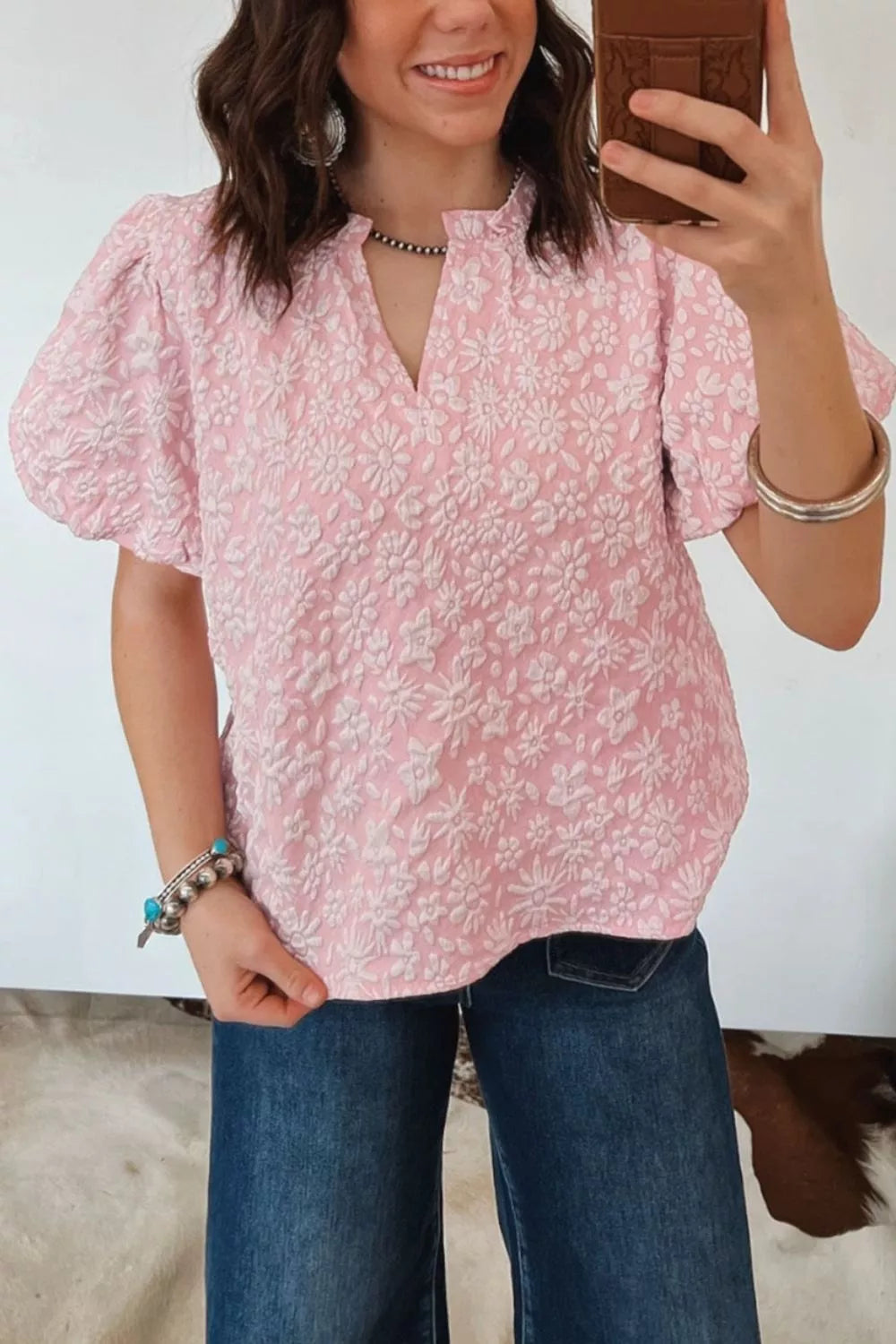 Textured Floral Puff Sleeve Blouse Secondary image
