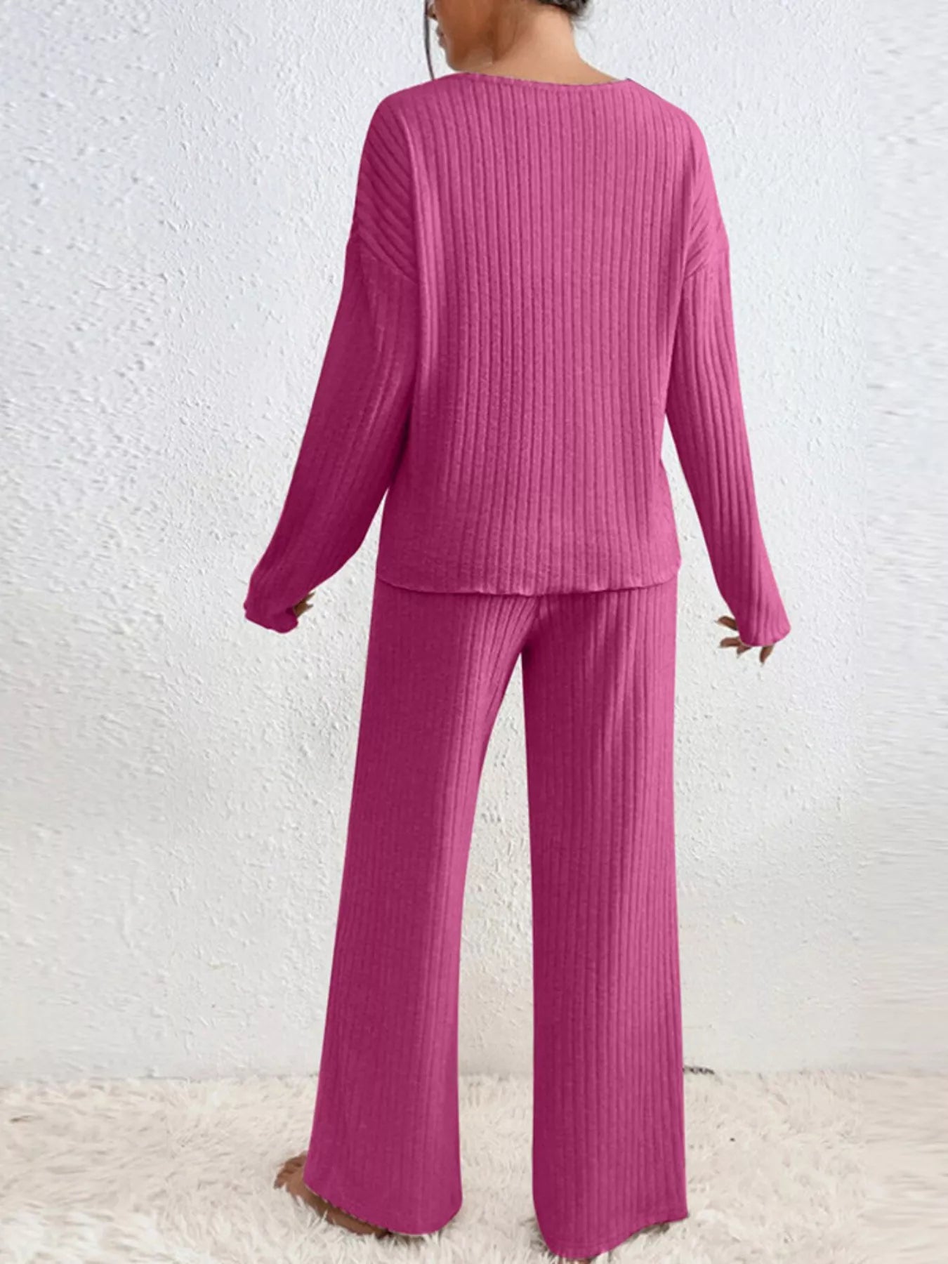 Ribbed Knit V-Neck Top and Pants Set Secondary image