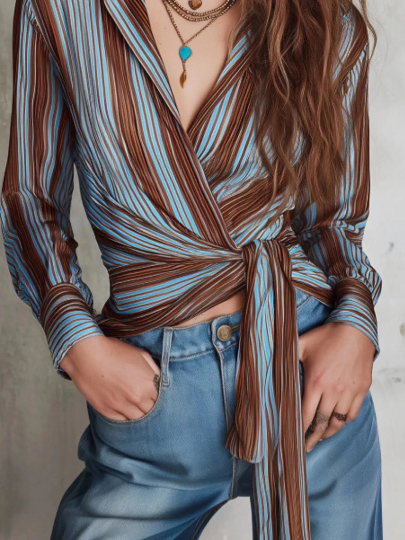 Striped Wrap Shirt with Tie-Front Detail Secondary image