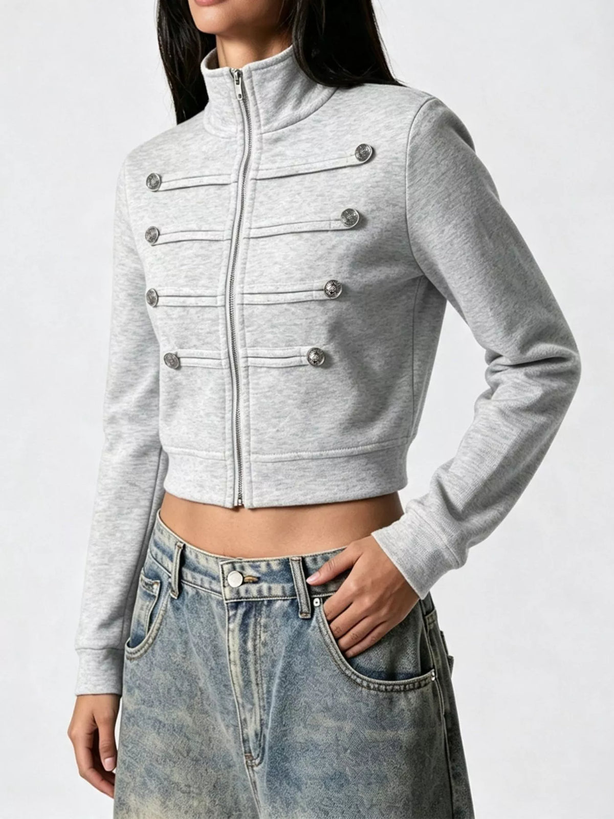 Cropped Zip-Up Outerwear with Decorative Buttons - photo 4