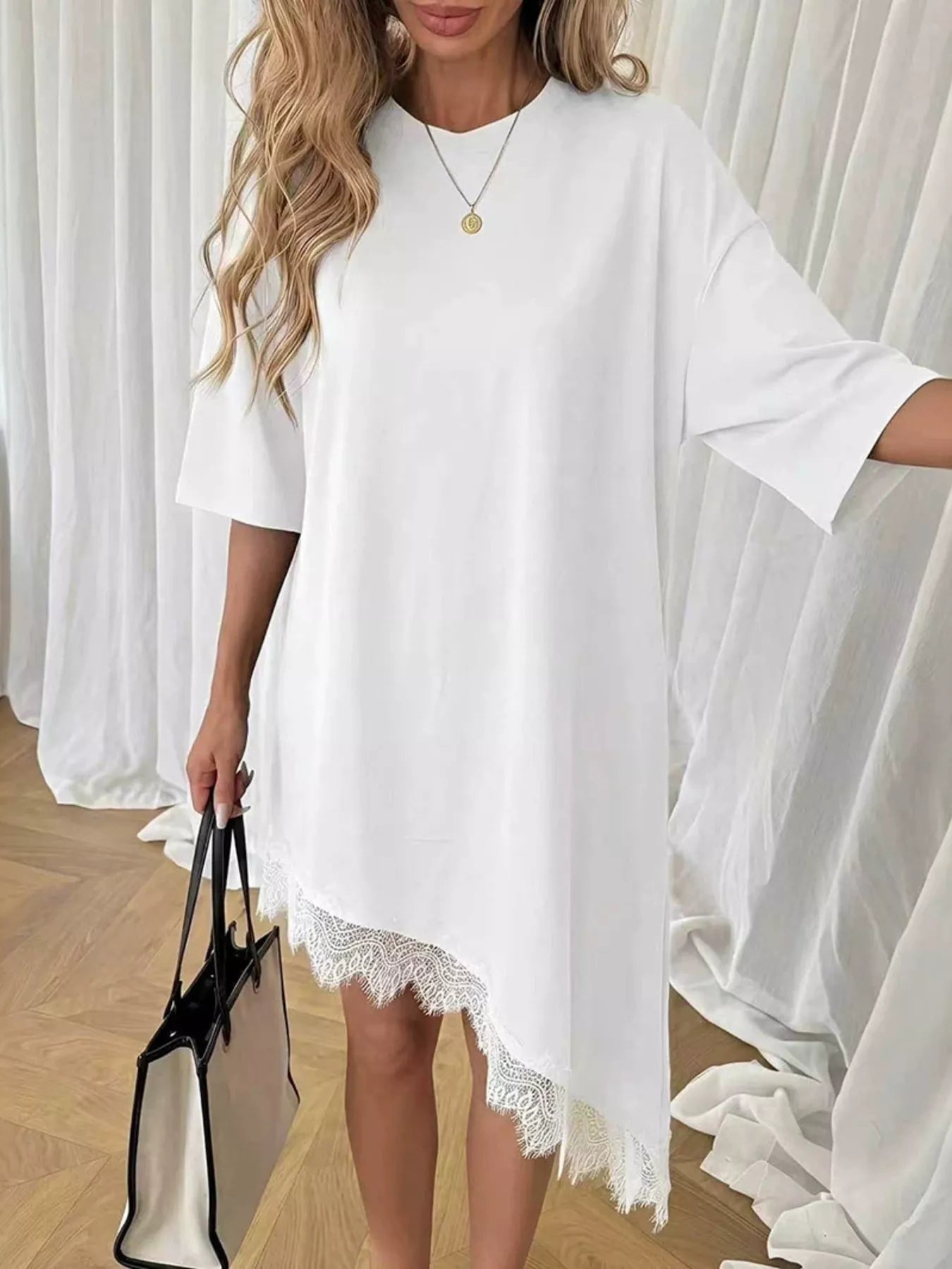 Lace Trim Asymmetrical Hem T-shirt Dress Secondary image