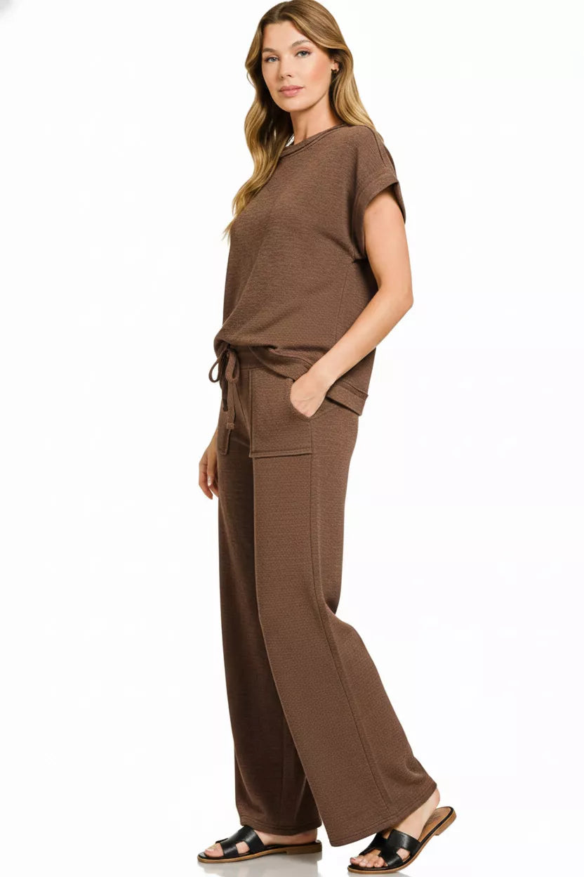 Zenana Cotton Slub Short Sleeve Tee and Pants Set Secondary image