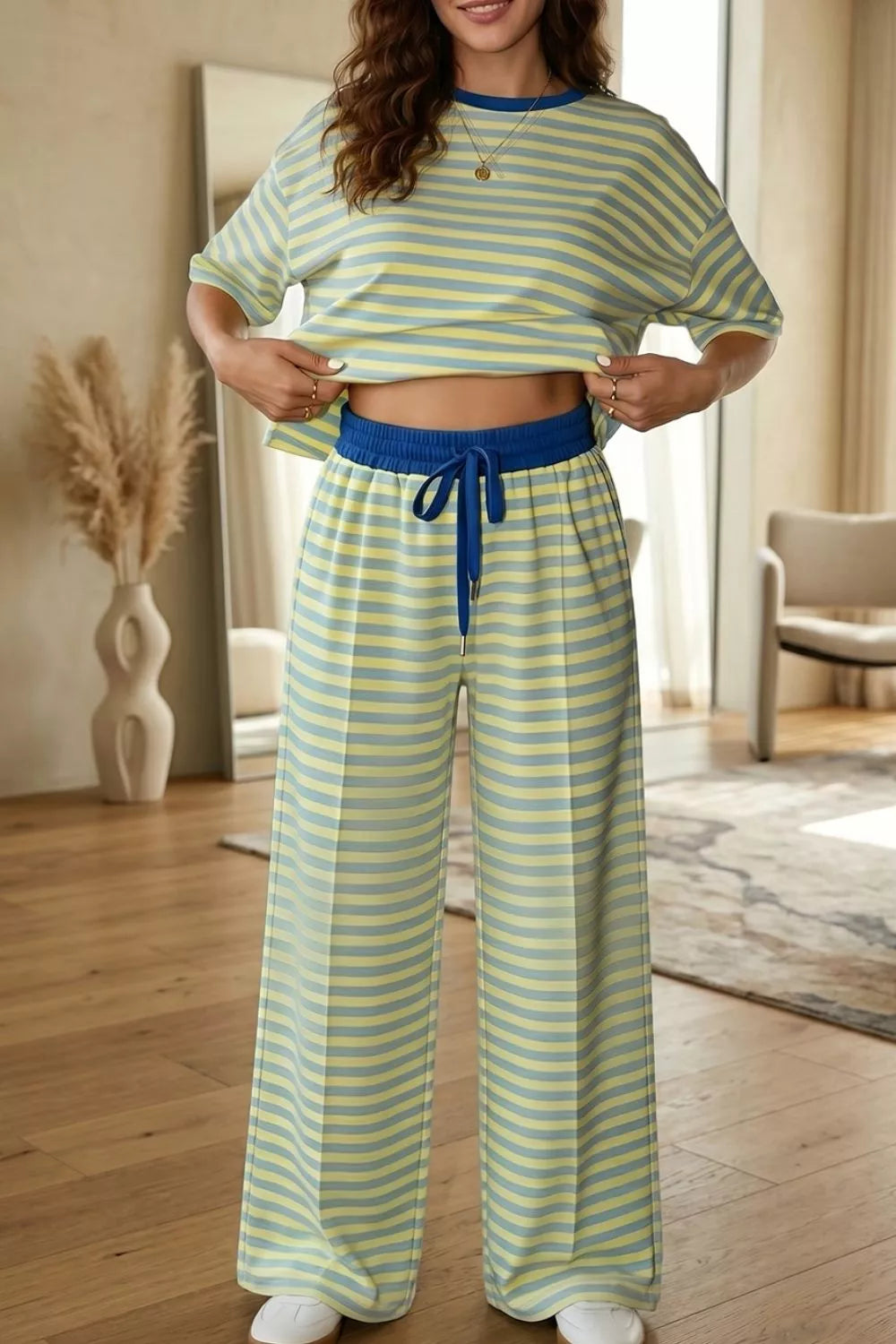 Stripe Colorblock Trim Crew Neck Loose Tee Drawstring Elastic Waist 2pcs Pant Set Secondary image
