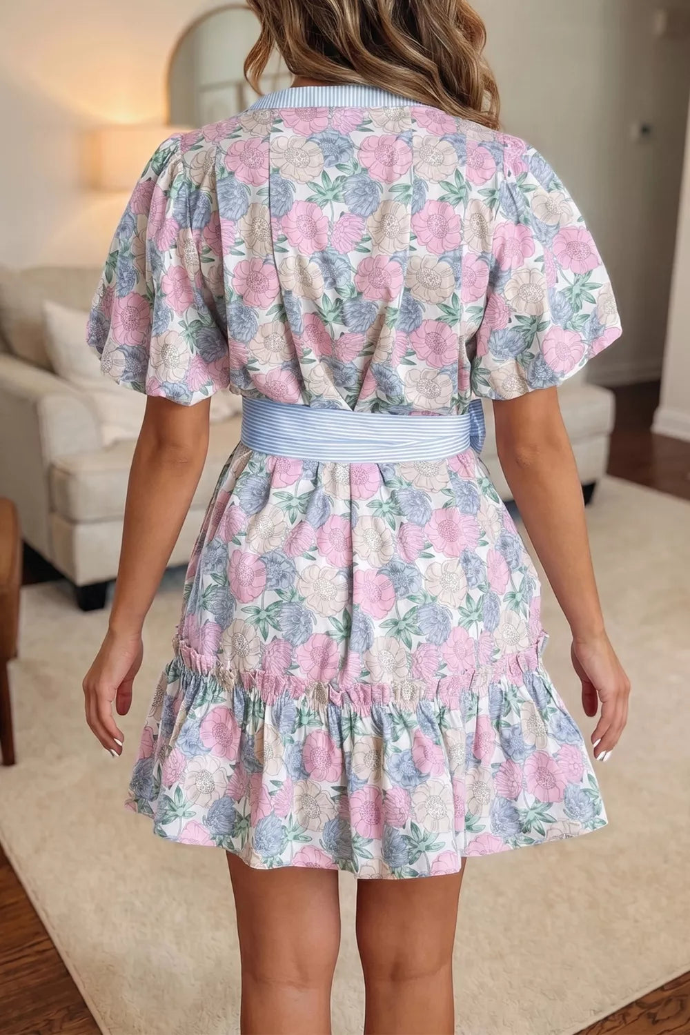 Floral Print Striped Contrast Trim Belted Short Dress Secondary image