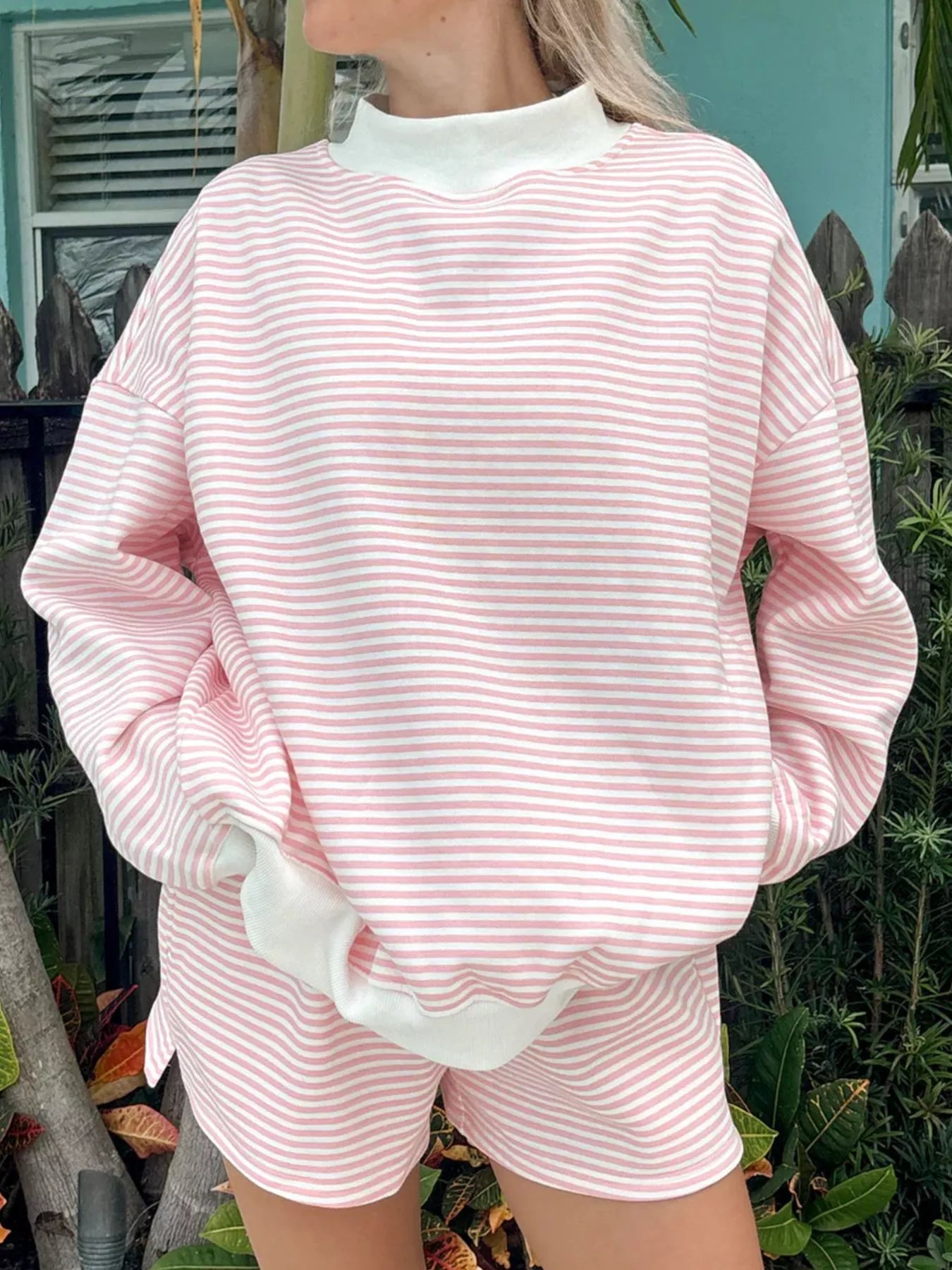 Striped Mock Neck Sweatshirt and Shorts Set Secondary image