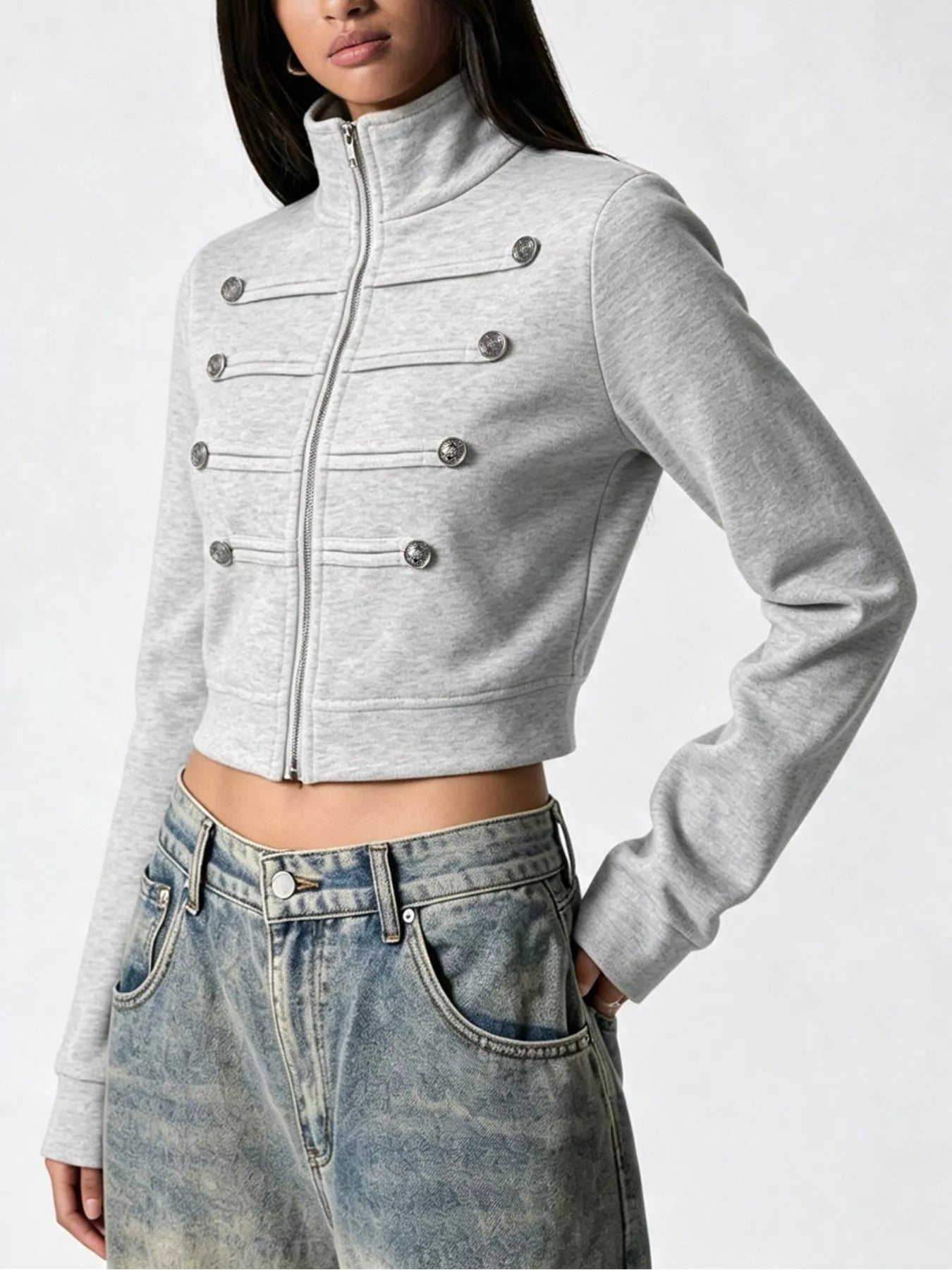 Cropped Zip-Up Outerwear with Decorative Buttons Secondary image