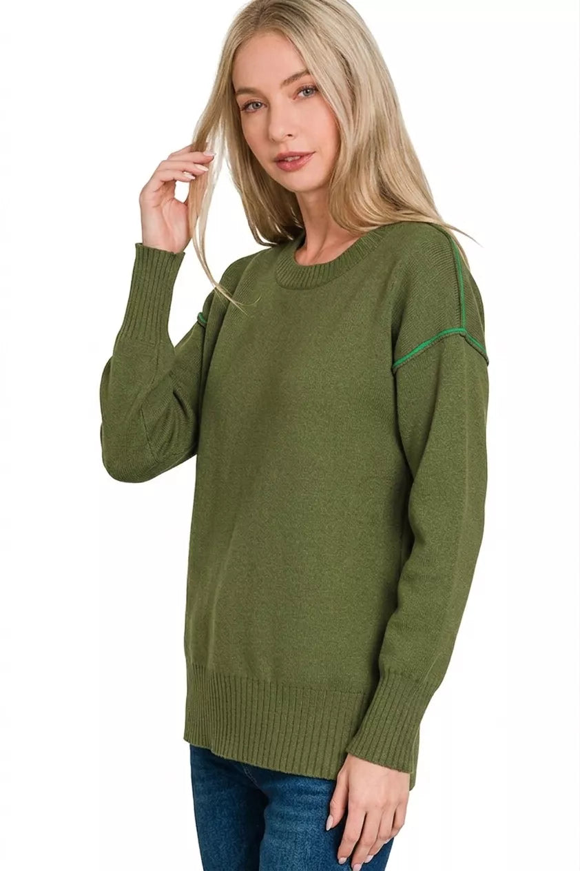 Zenana Round Neck Contrast Trim Sweater Secondary image