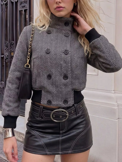 Herringbone Double-Breasted Cropped Outerwear