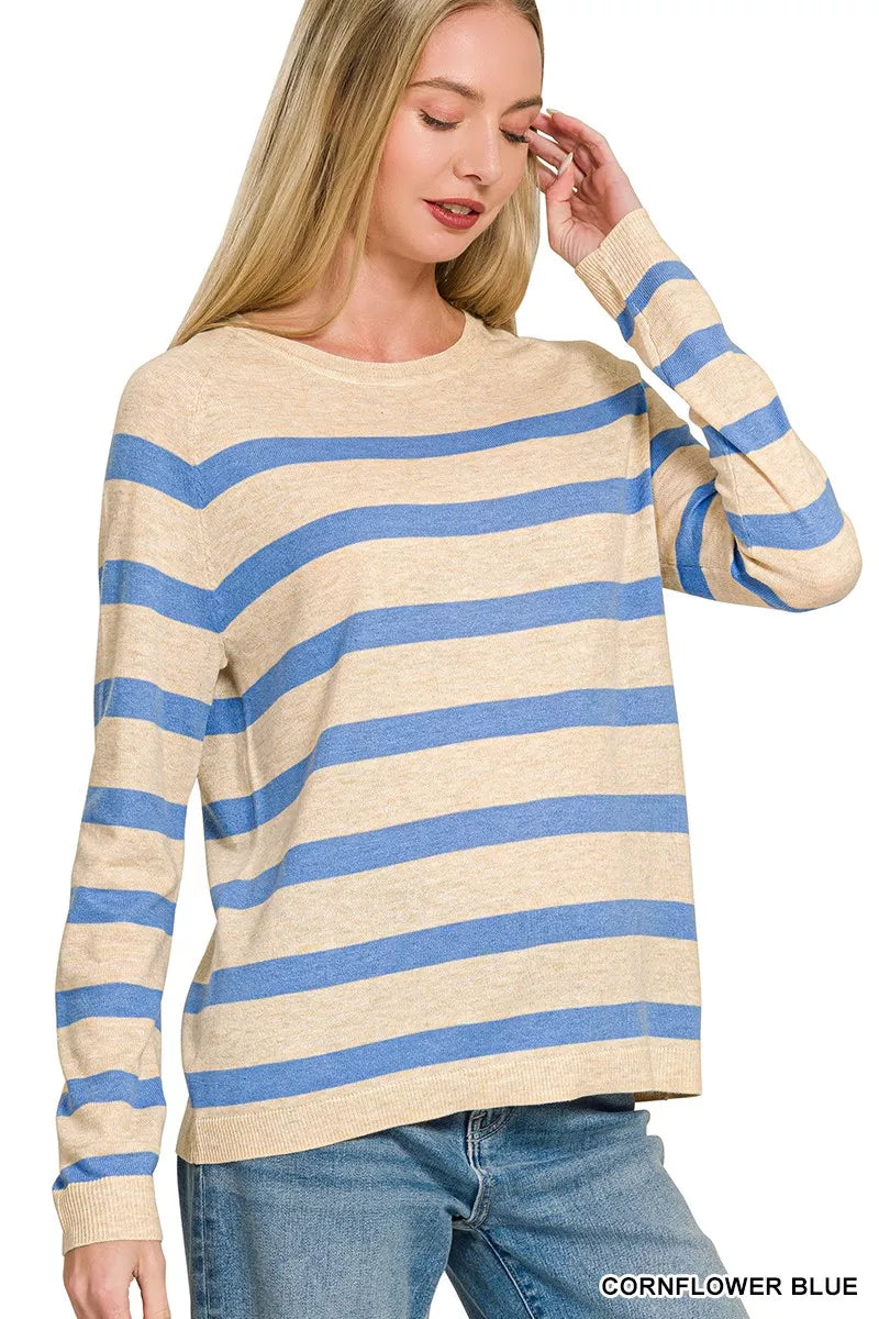 Zenana Lightweight Wool Blend Striped Round Neck Sweater Secondary image