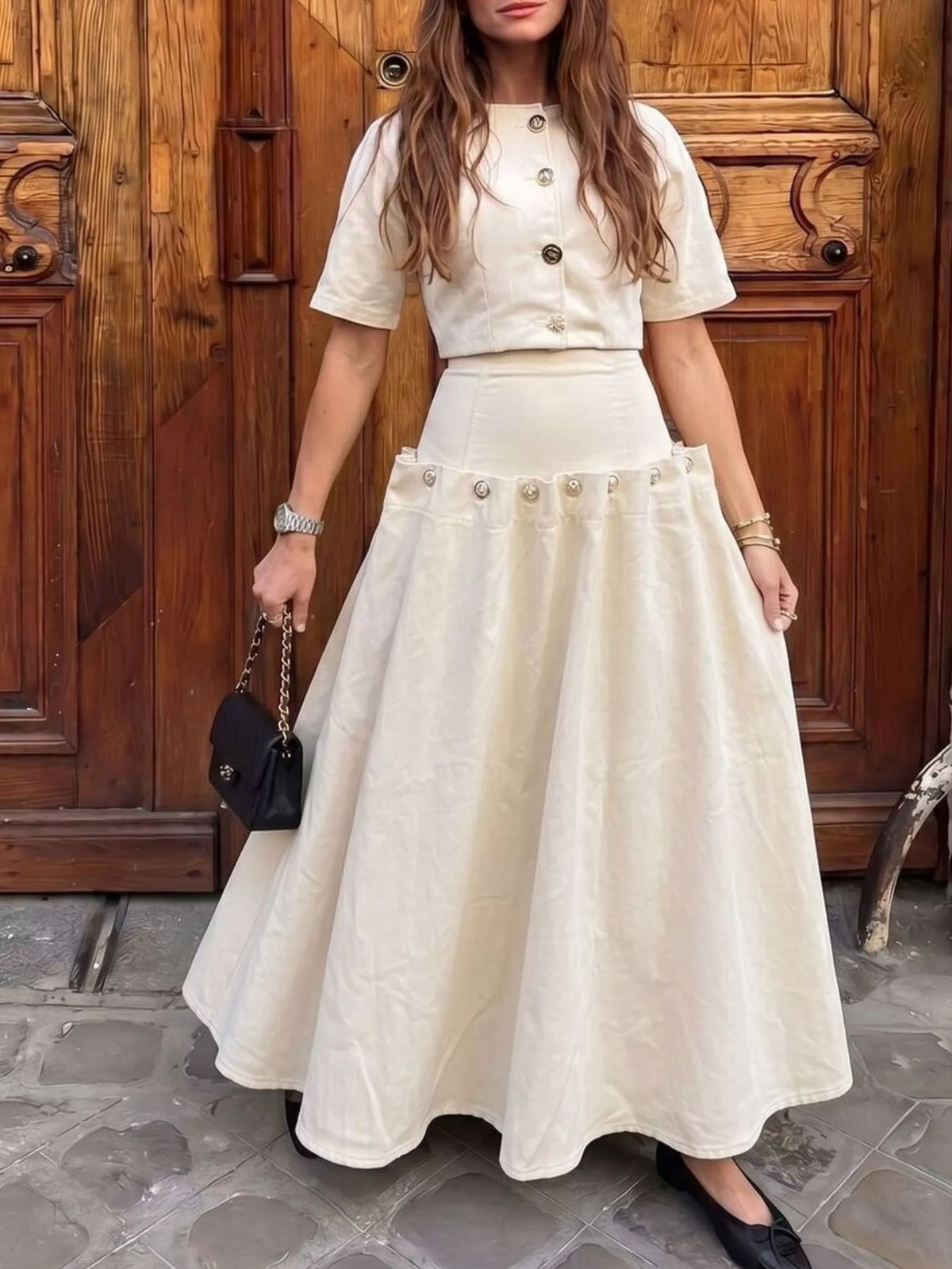 Gold Button Top and Skirt Denim Set - photo 5