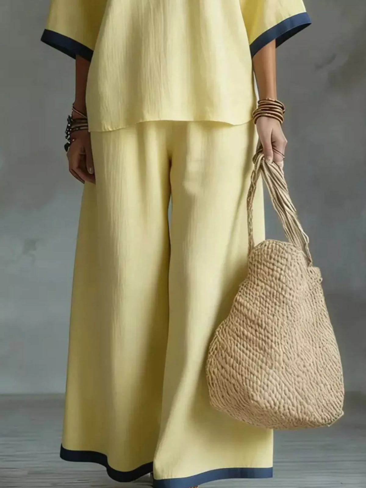 Full Size Contrast Trim V-Neck Top and Pants Set Plus Size - photo 12