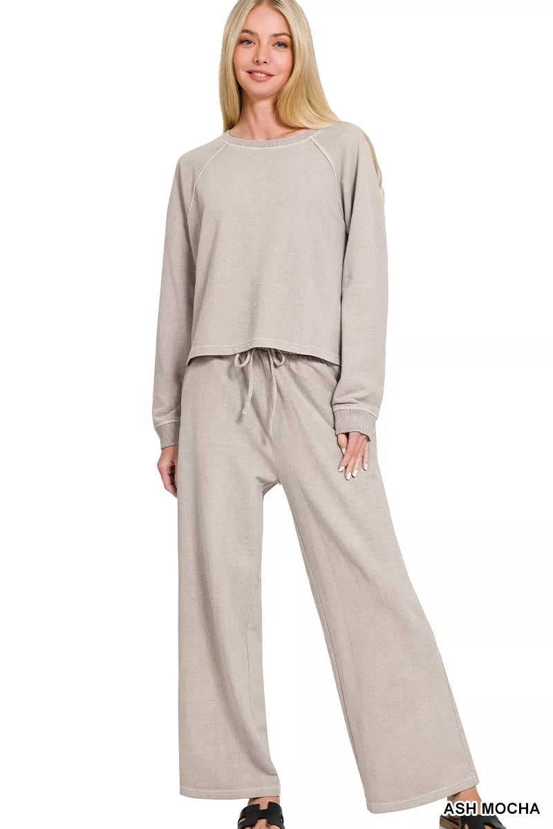 Zenana Washed F/terry Round Neck Pullover & Pants Set Secondary image