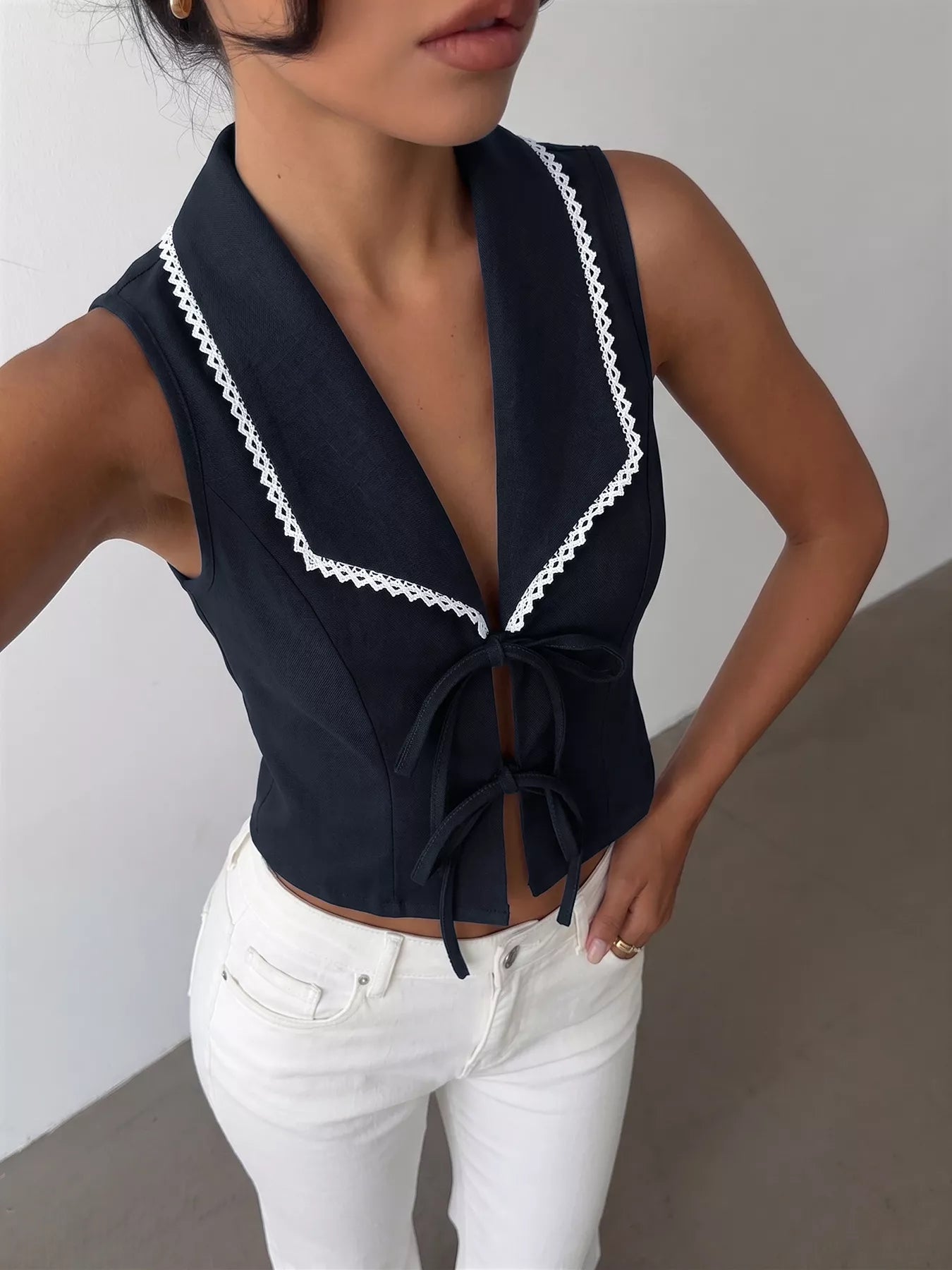 Lace Trim Tie-Front Vest Secondary image
