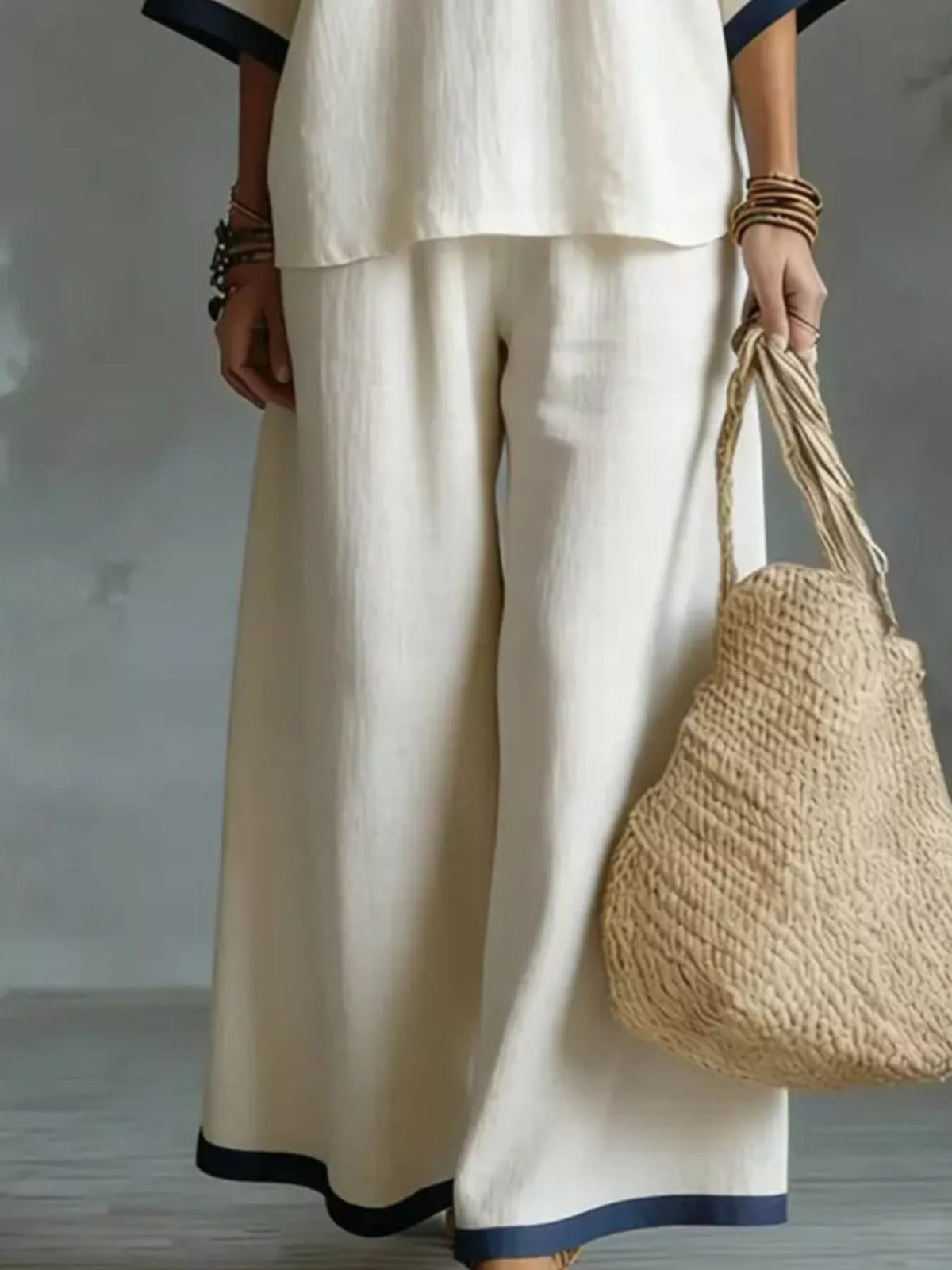 Full Size Contrast Trim V-Neck Top and Pants Set Plus Size - photo 3