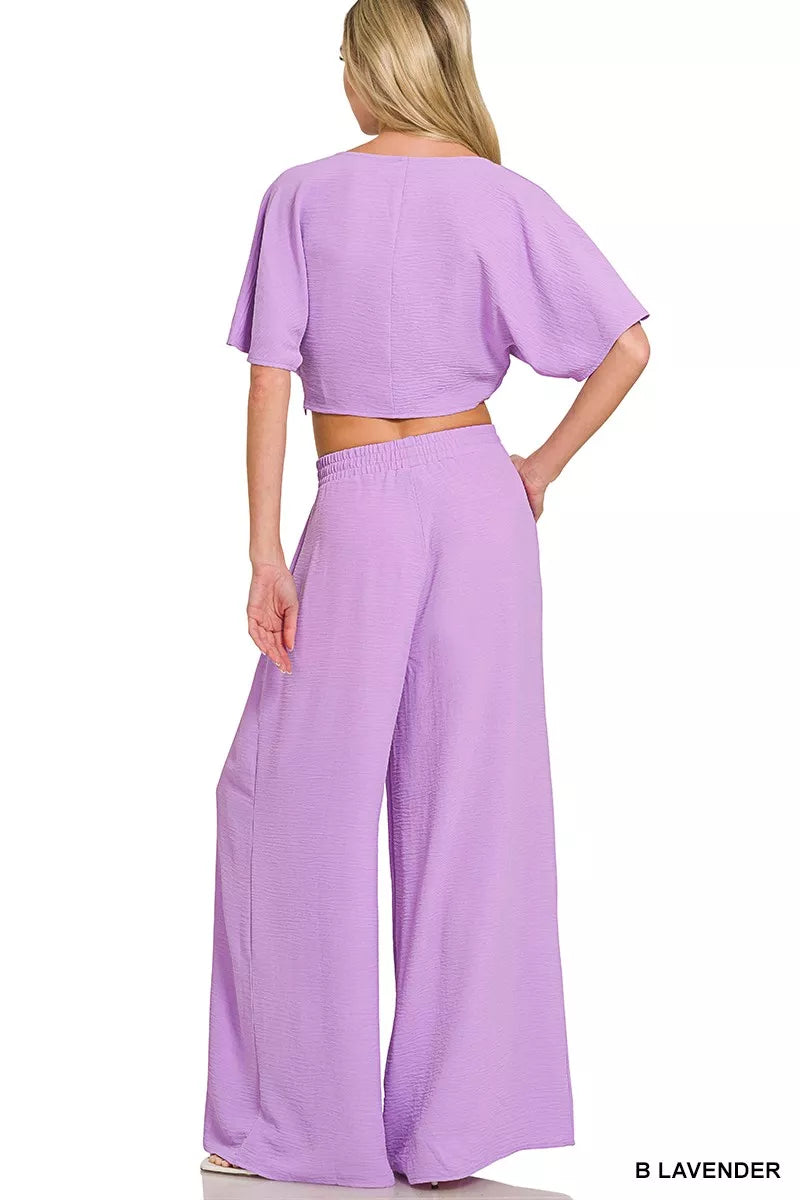Zenana Woven Airflow Twisted Top & Wide Leg Pants Set Secondary image