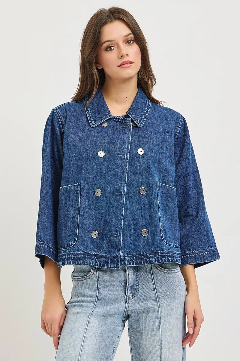 RISEN Double-Breasted Flowy Cropped Denim Jacket Secondary image