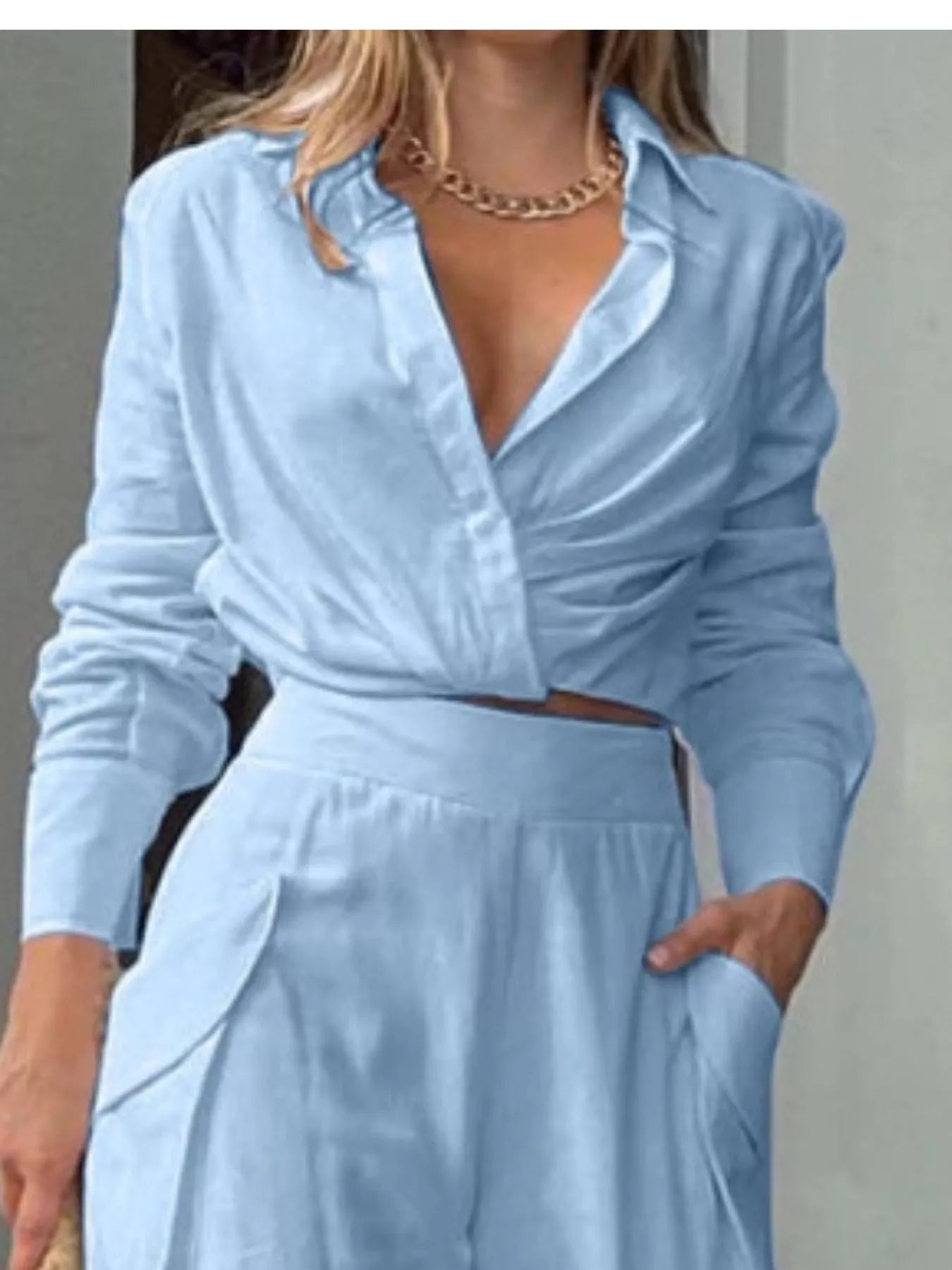 Long Sleeve Shirt and Wide Leg Pants Set Secondary image