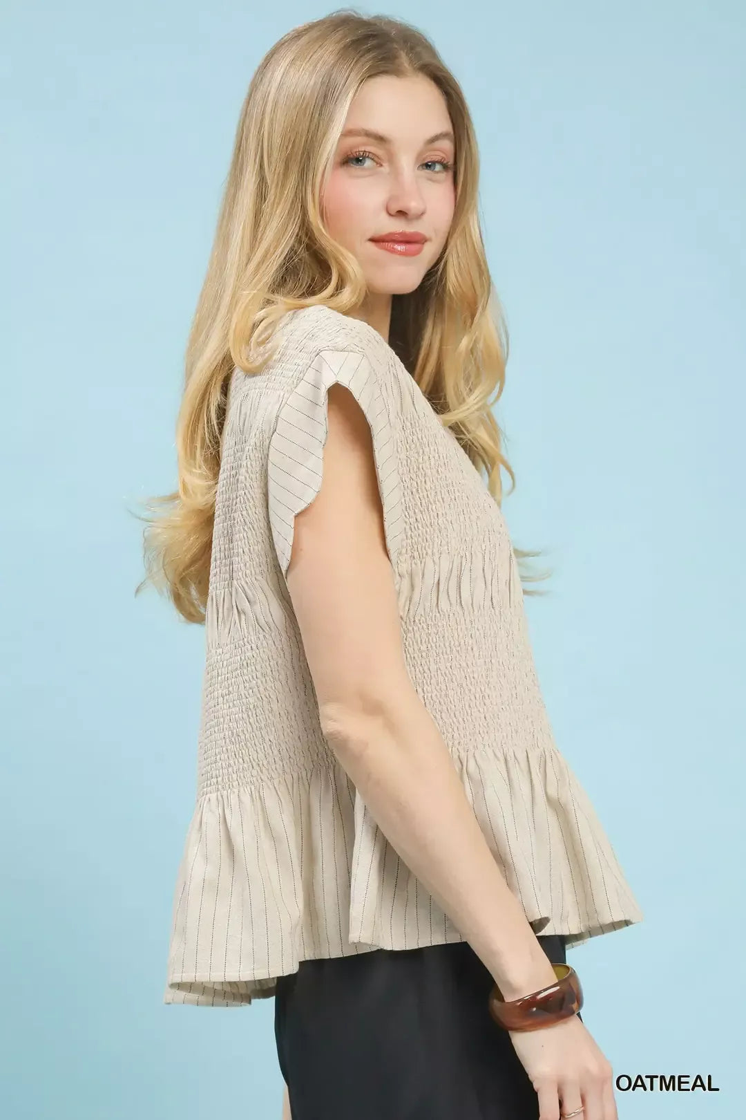 Umgee Pinstripe Smocked Peplum Top Secondary image