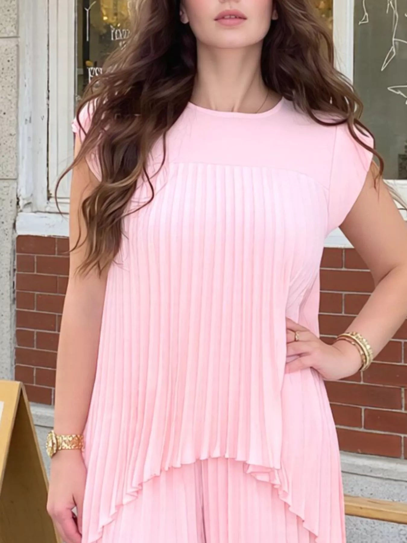 Full Size Pleated Cap Sleeve Top and Pants Set Plus Size Secondary image