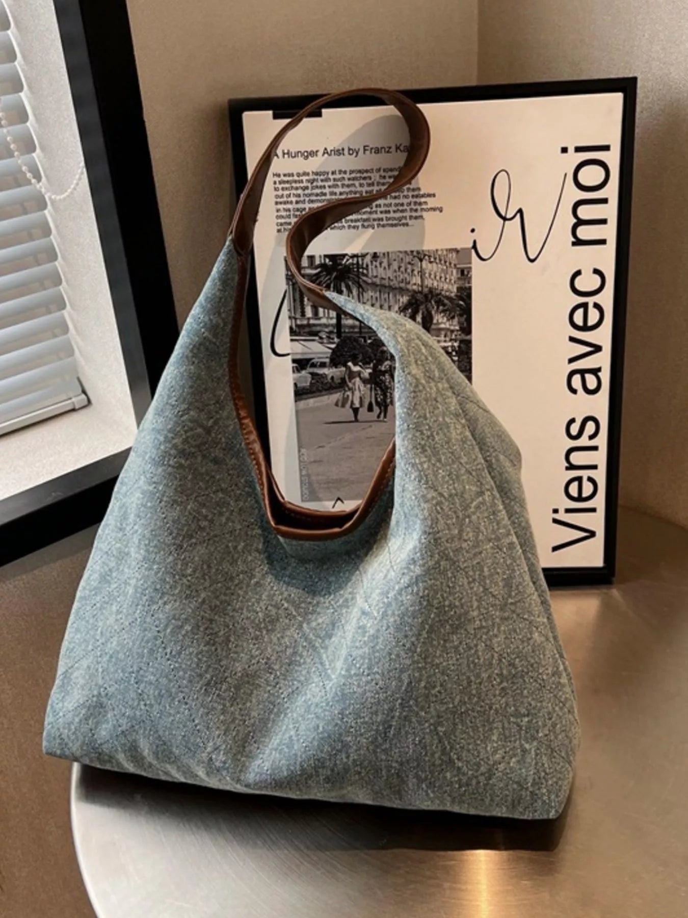 Denim Shoulder Bag with Leather Trim Secondary image
