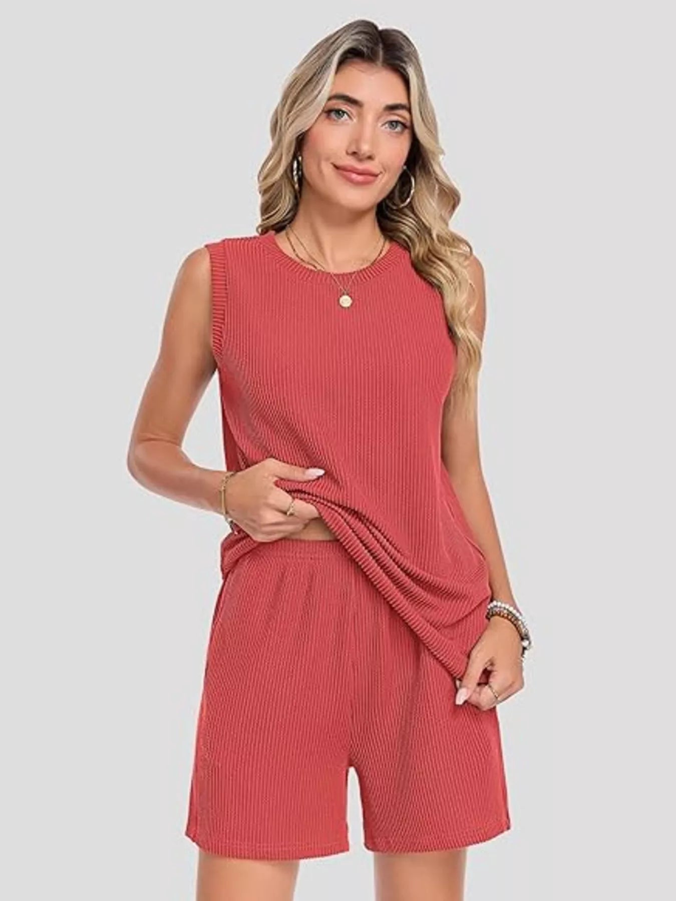 Casual Ribbed Knit Sleeveless Top and Shorts Set Secondary image
