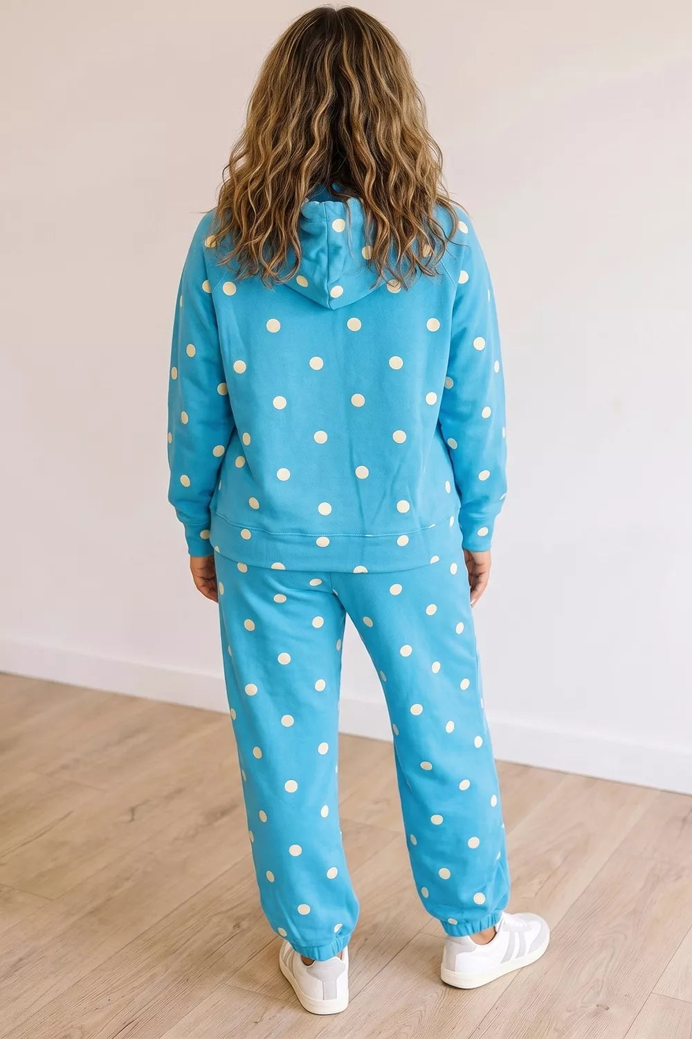 Plus Size Polka Dot Hooded Drawstring Long Sleeve Top and Pants Set Secondary image