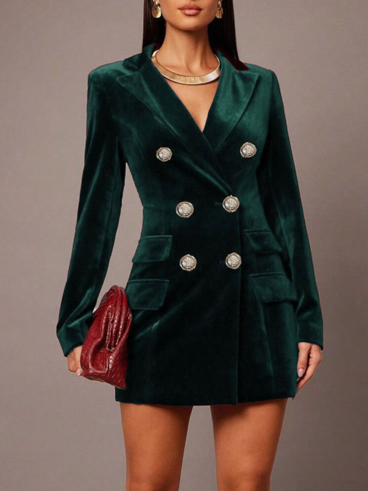 Velvet Double-Breasted Blazer Dress – Wine Red / Dark Green - photo 7