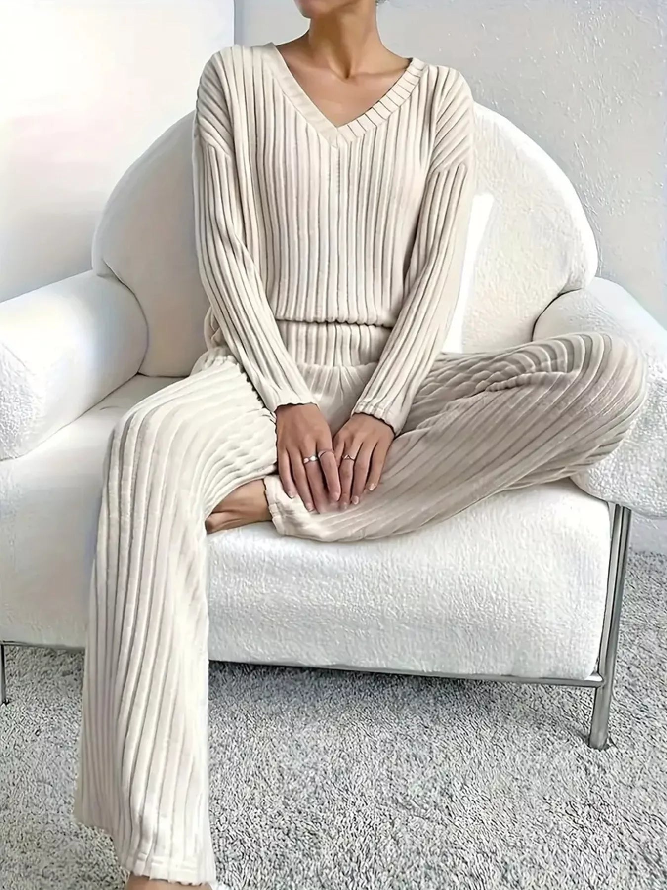 Ribbed Knit V-Neck Top and Pants Set Secondary image