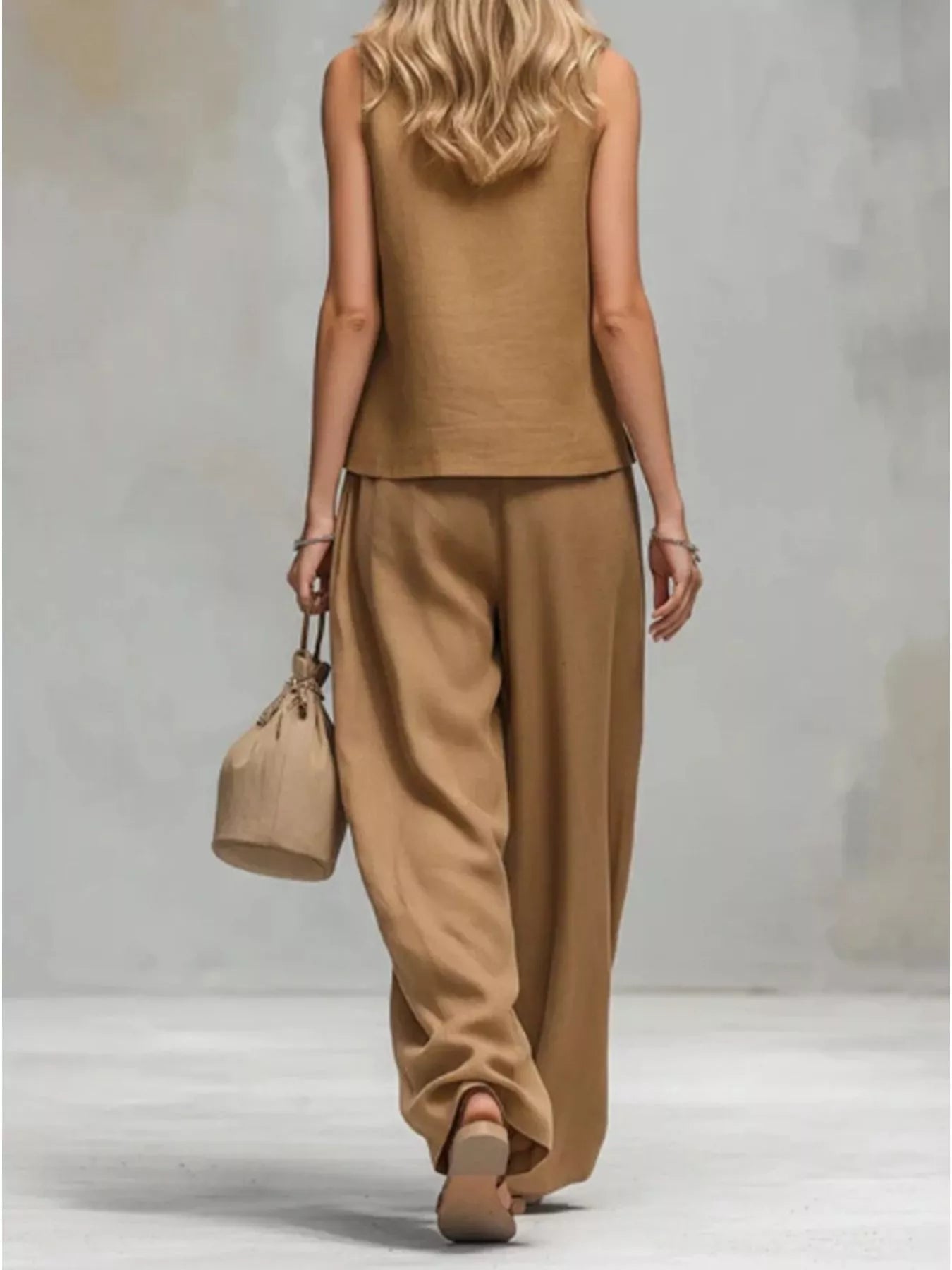 Sleeveless Button-Down Top and Wide-Leg Pant Set Secondary image