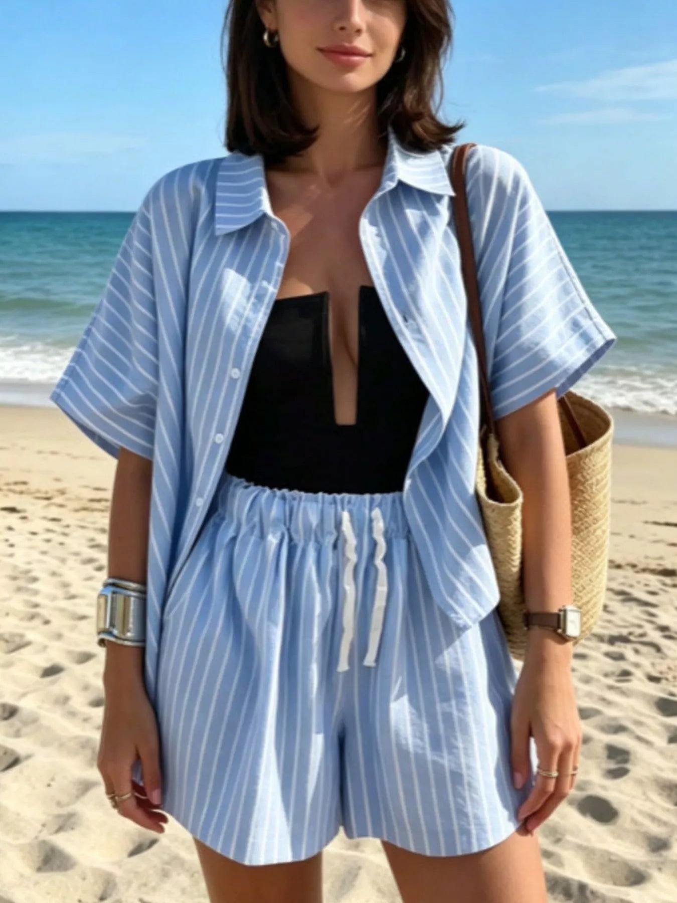 Striped Relaxed Fit Shirt and Shorts Set Secondary image
