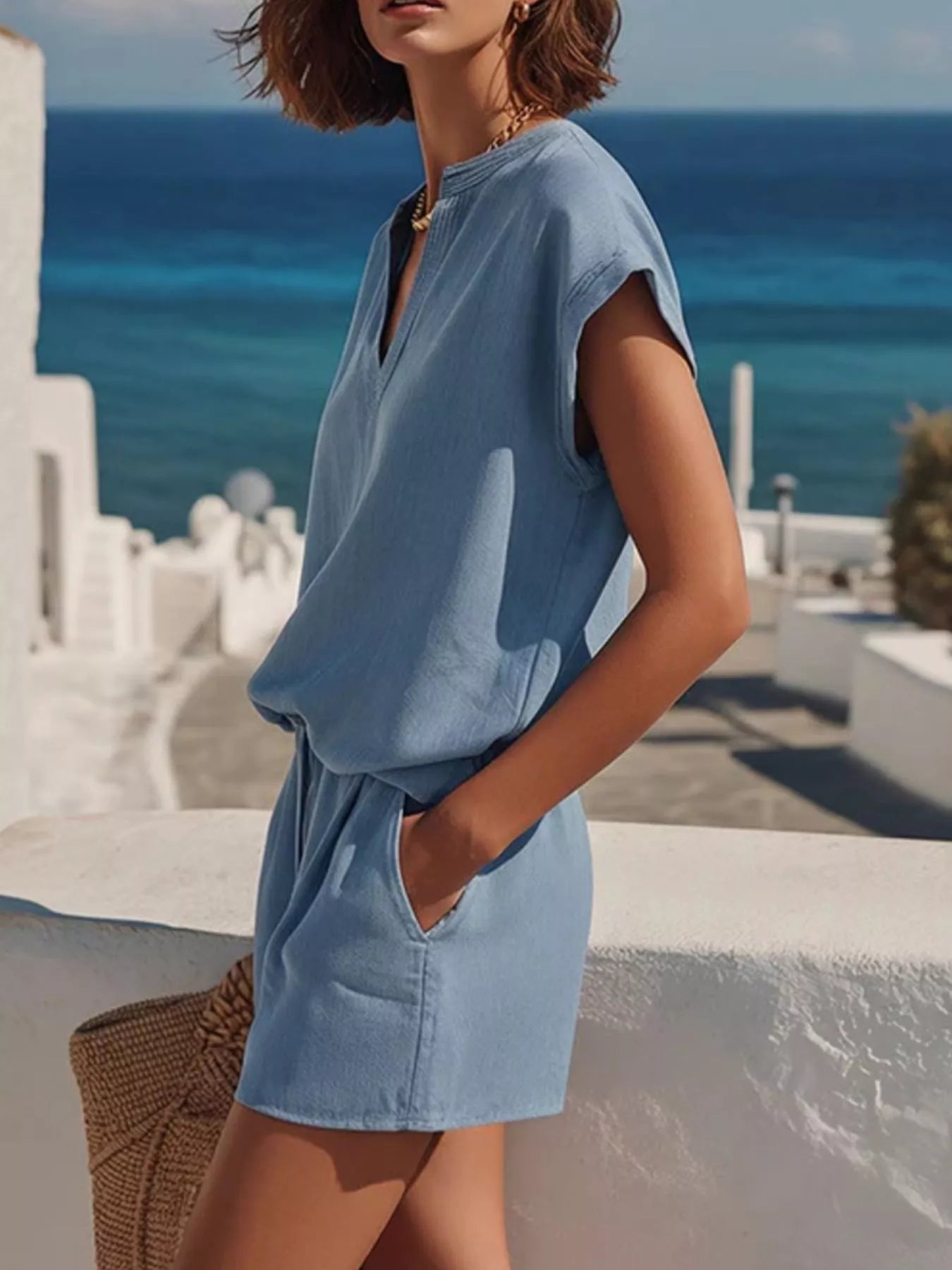 Full Size Notched Cap Sleeve Top and Shorts Set Plus Size Secondary image