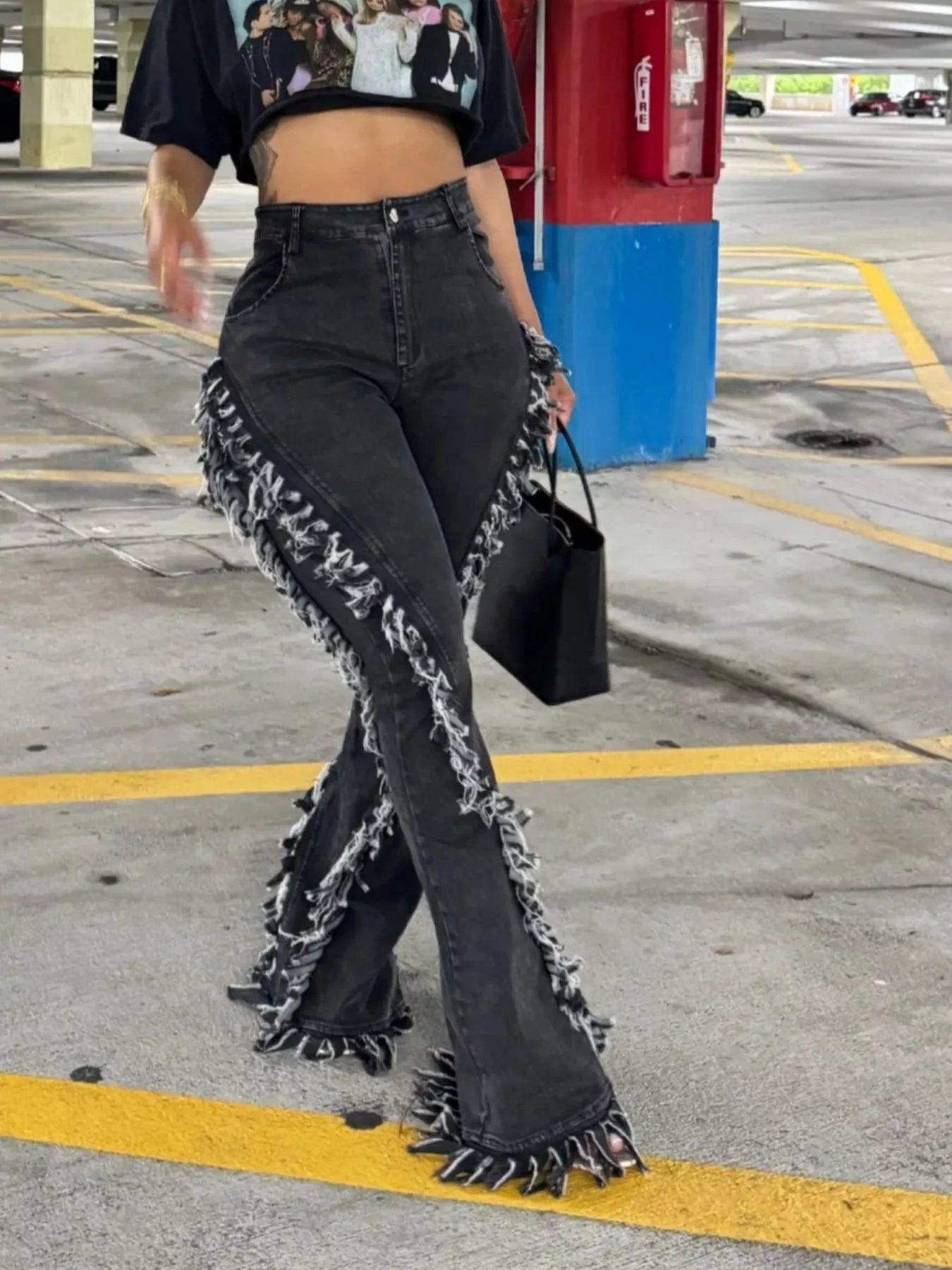 Frayed Trim High Waist Flare Jeans Secondary image