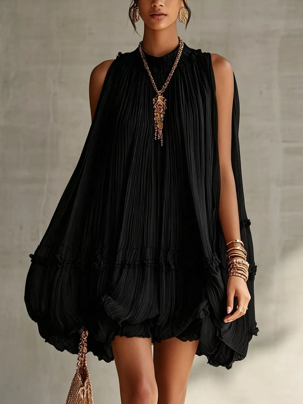 Pleated Mock Neck Sleeveless Mini Dress - photo 7