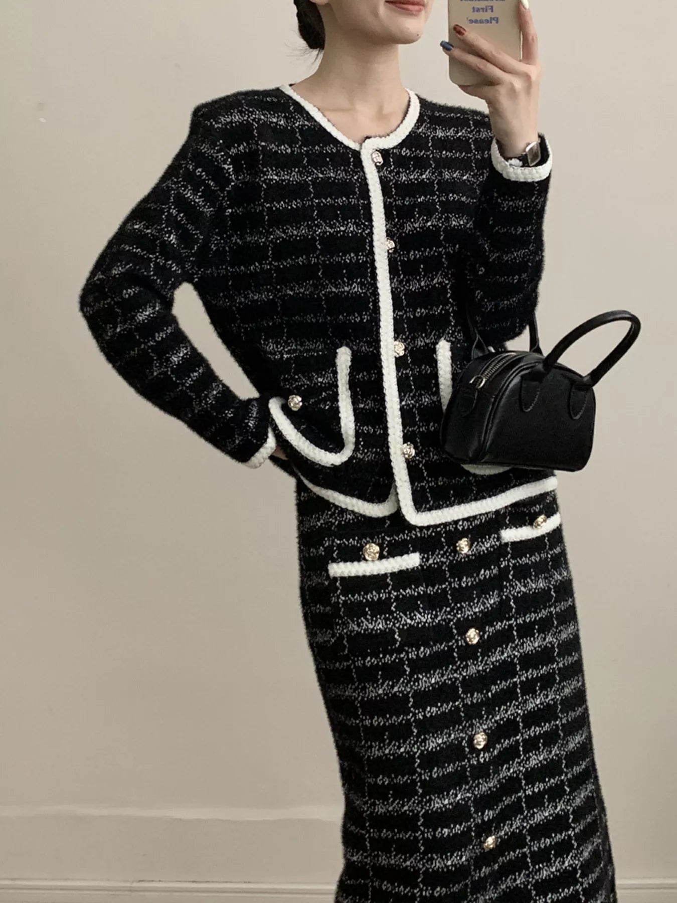 Tweed Contrast Trim Jacket and Skirt Set Secondary image