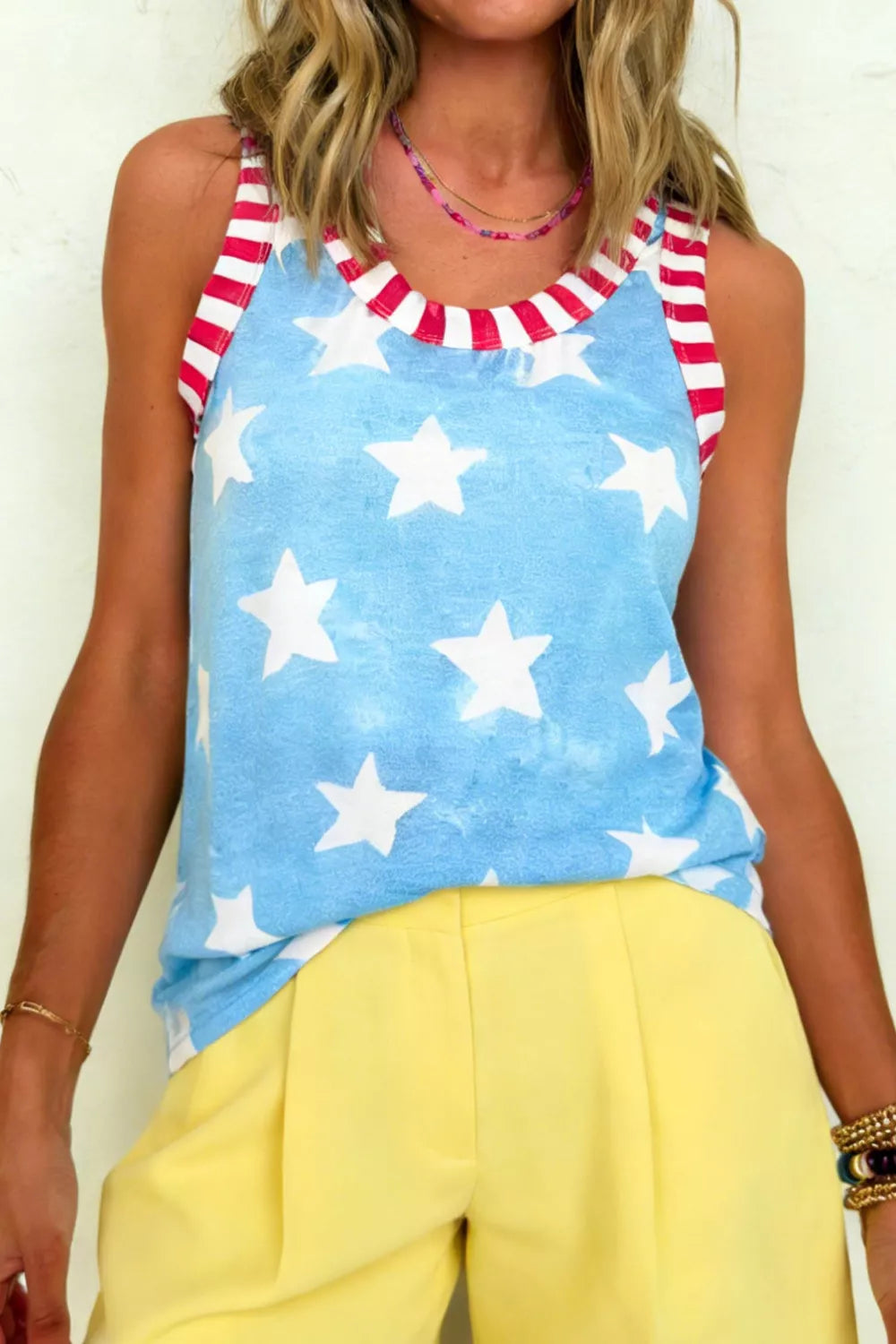 Tie Dye Star Print Striped Trim Round Neck Casual Tank Top Secondary image