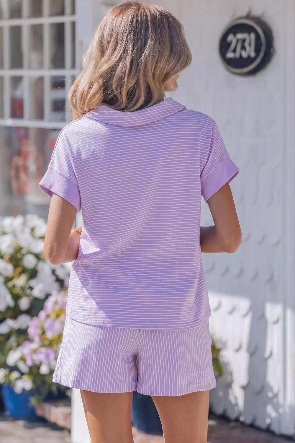 Stripe Dolman Sleeve Polo Shirt and Drawstring Shorts Set Secondary image