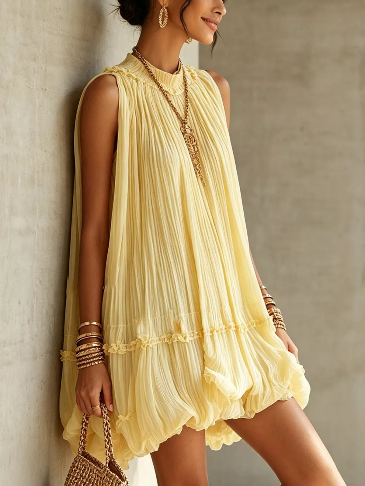 Pleated Mock Neck Sleeveless Mini Dress - photo 5