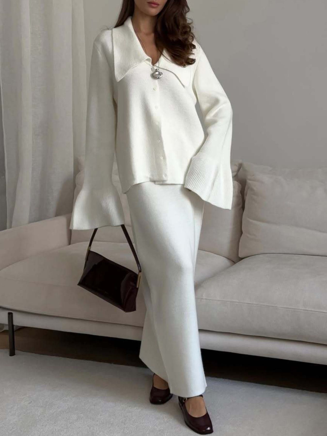 Button Down Long Sleeve Cardigan and Skirt Knit Set Secondary image