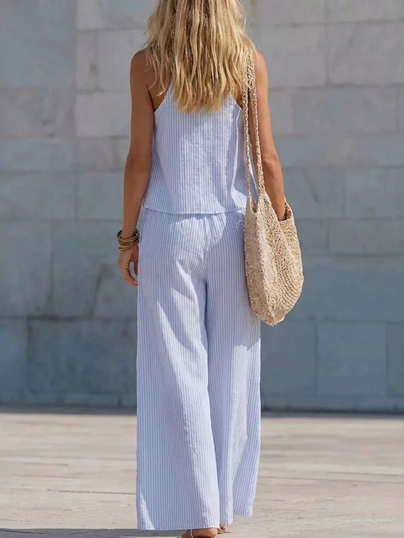 Striped V-Neck Tank and Wide-Leg Pants Set Secondary image