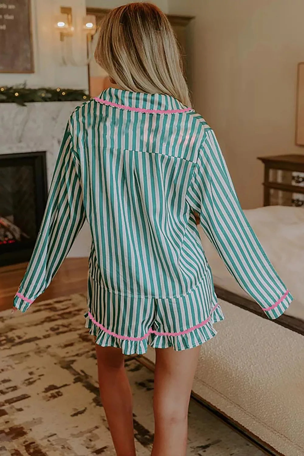 Stripe Contrast Ricrac Trim Long Sleeve Shirt Drawstring Ruffled Pajama Short Set Secondary image