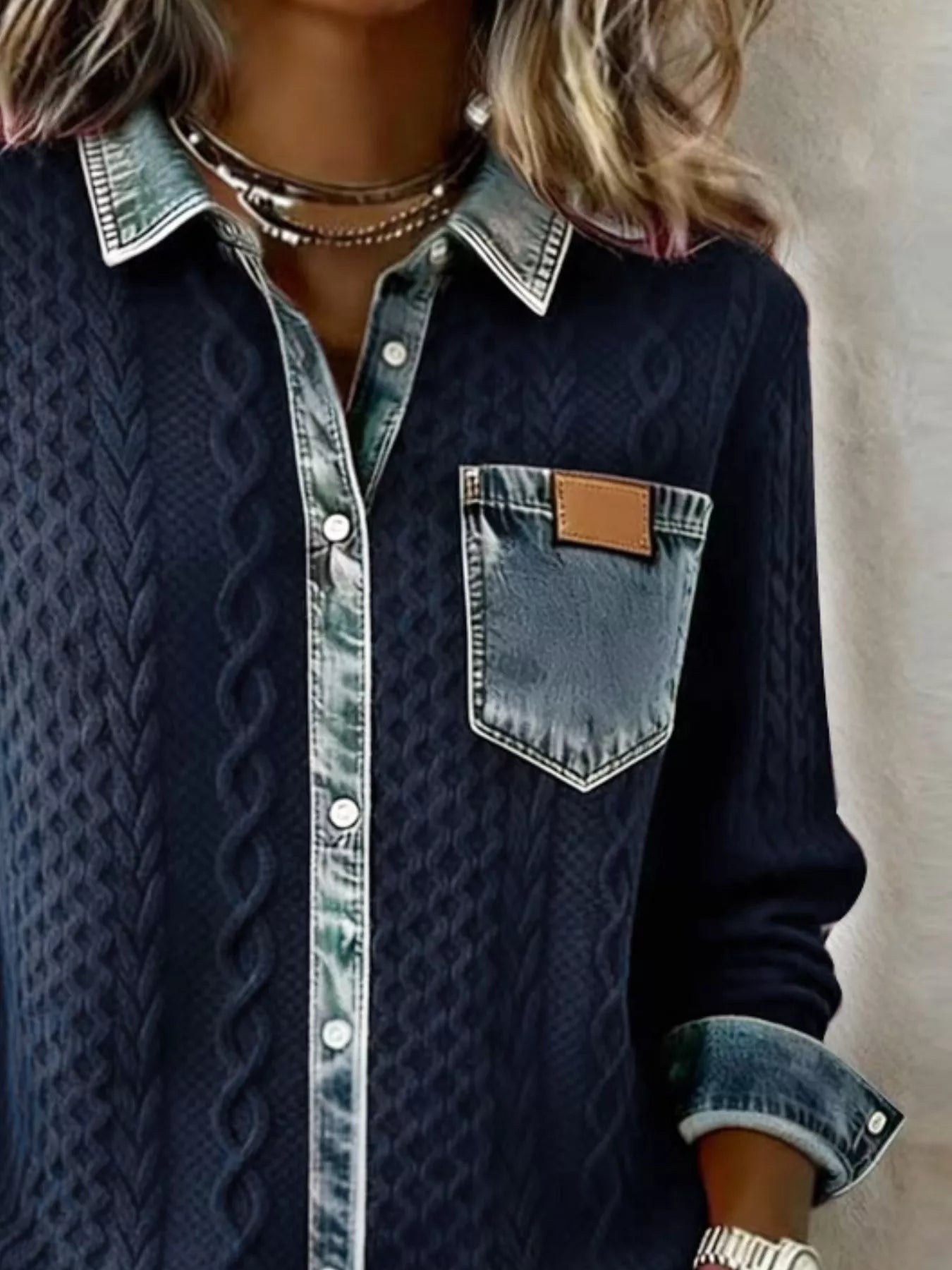 Denim Trim Cable Knit Cardigan Secondary image