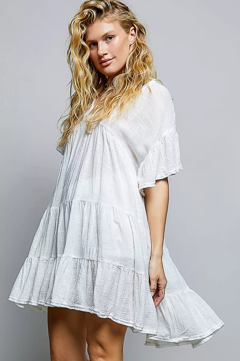 POL Cotton Ruffle Shirred V-Neck Short Sleeve Dress Secondary image