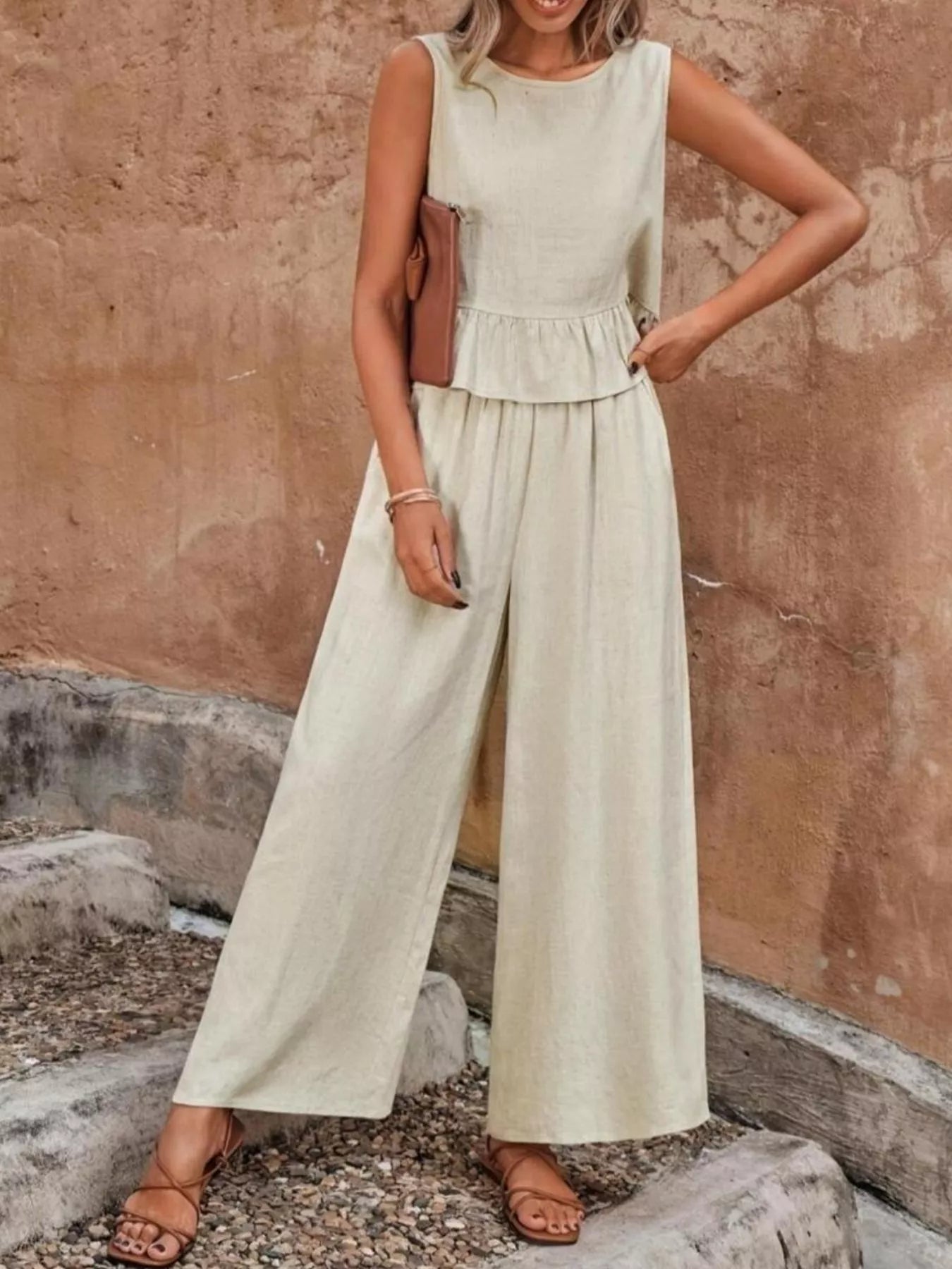 Sleeveless Ruffle Hem Top and Wide Leg Pants Two-Piece Set Secondary image