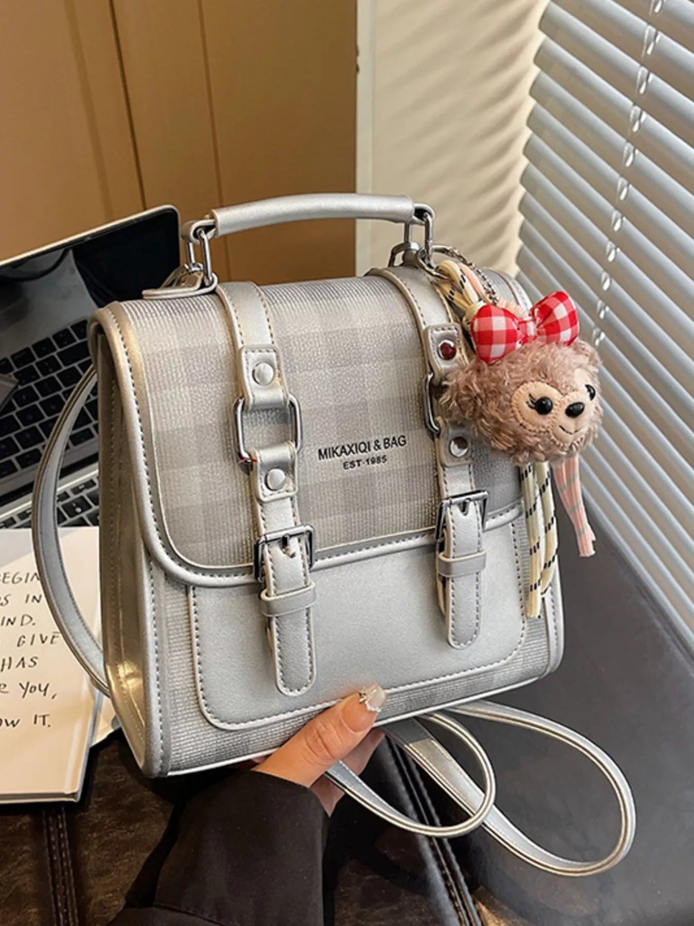 Plaid Backpack Bag with Charm Secondary image