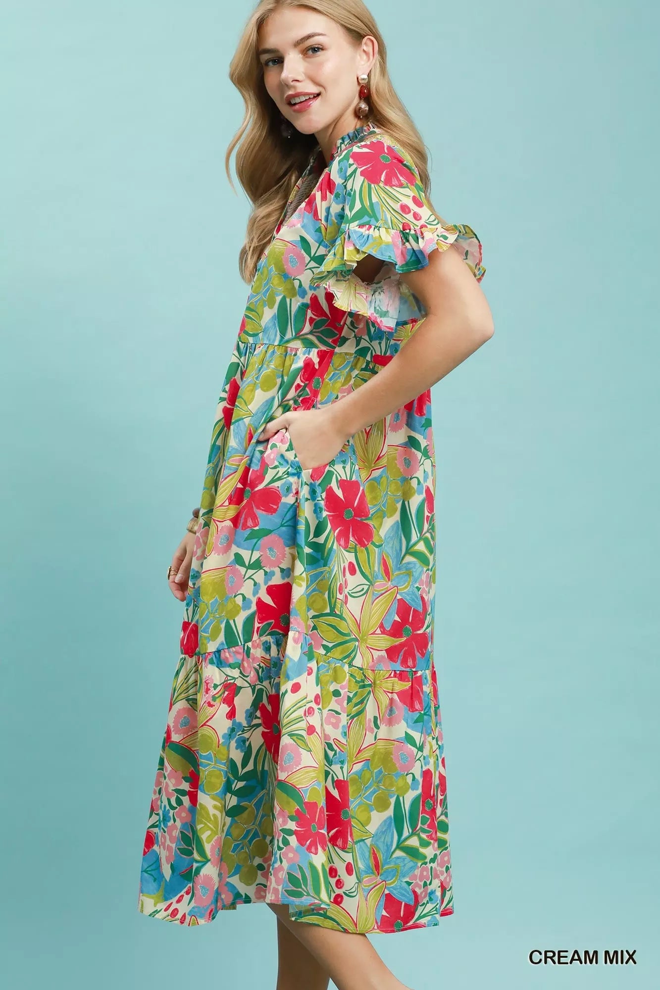 Umgee Tropical Floral Ruffle Sleeve Tiered Midi Dress Secondary image